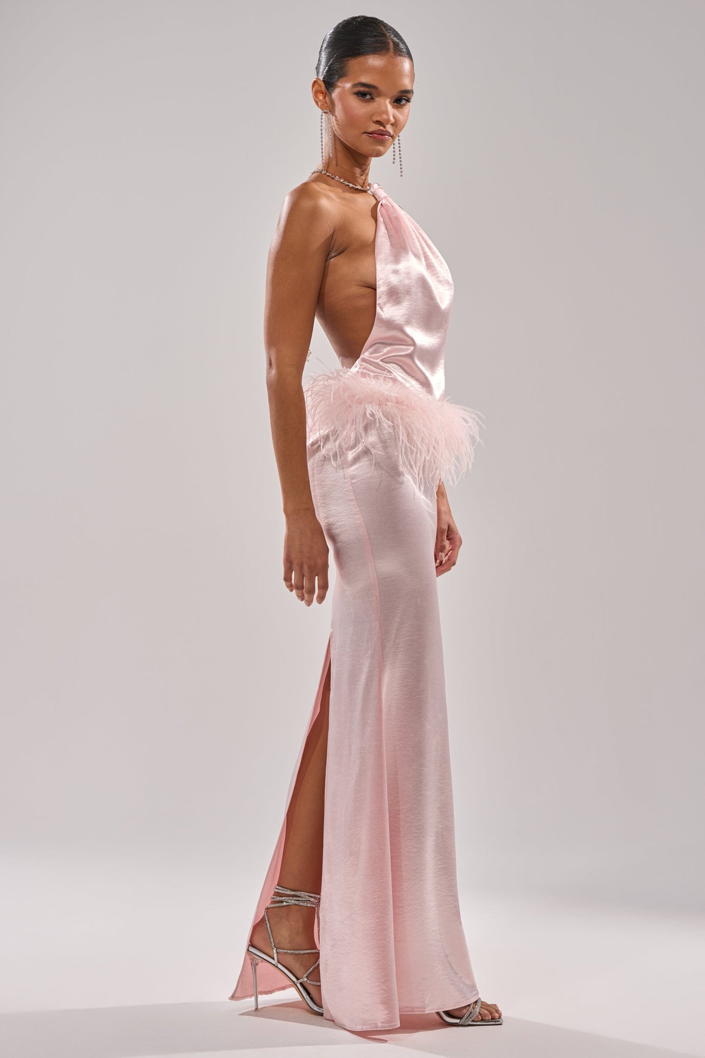 WHO IS SHE SATIN FEATHER MAXI DRESS