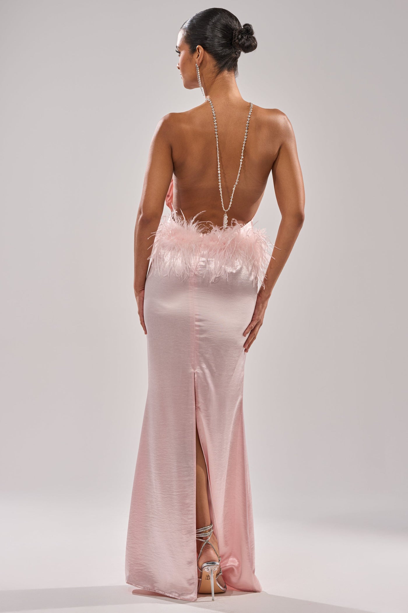 WHO IS SHE SATIN FEATHER MAXI DRESS
