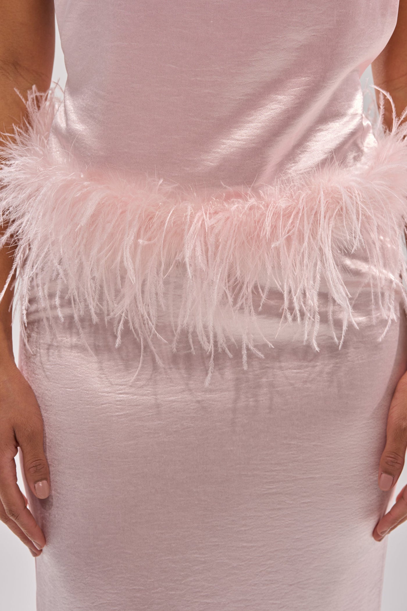 WHO IS SHE SATIN FEATHER MAXI DRESS