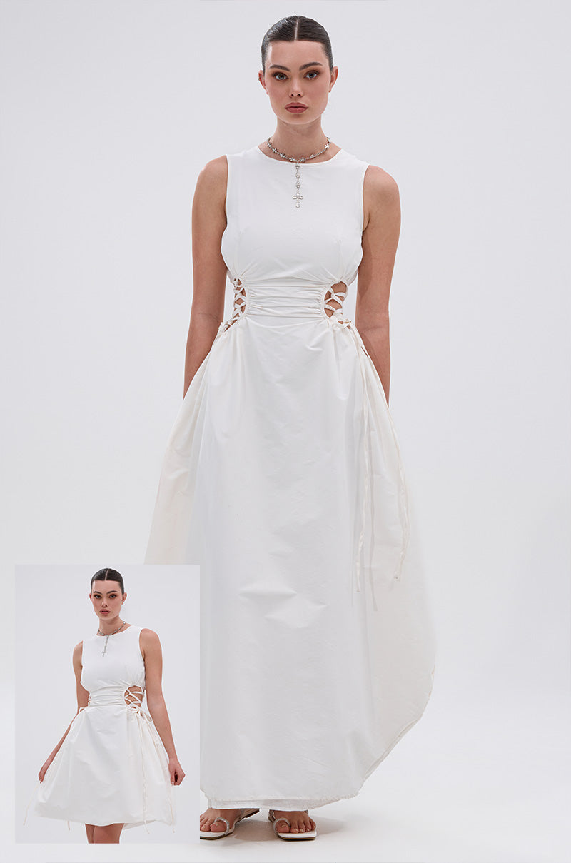 ALINA LACE UP DETAIL MAXI DRESS IN WHITE