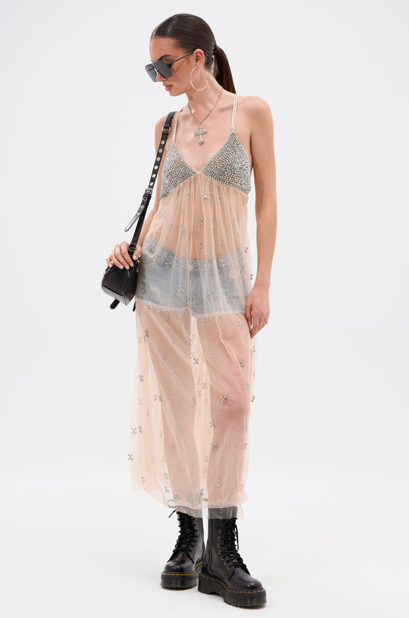 DO YOU BELIEVE IN LOVE RHINESTONE MESH MIDI DRESS