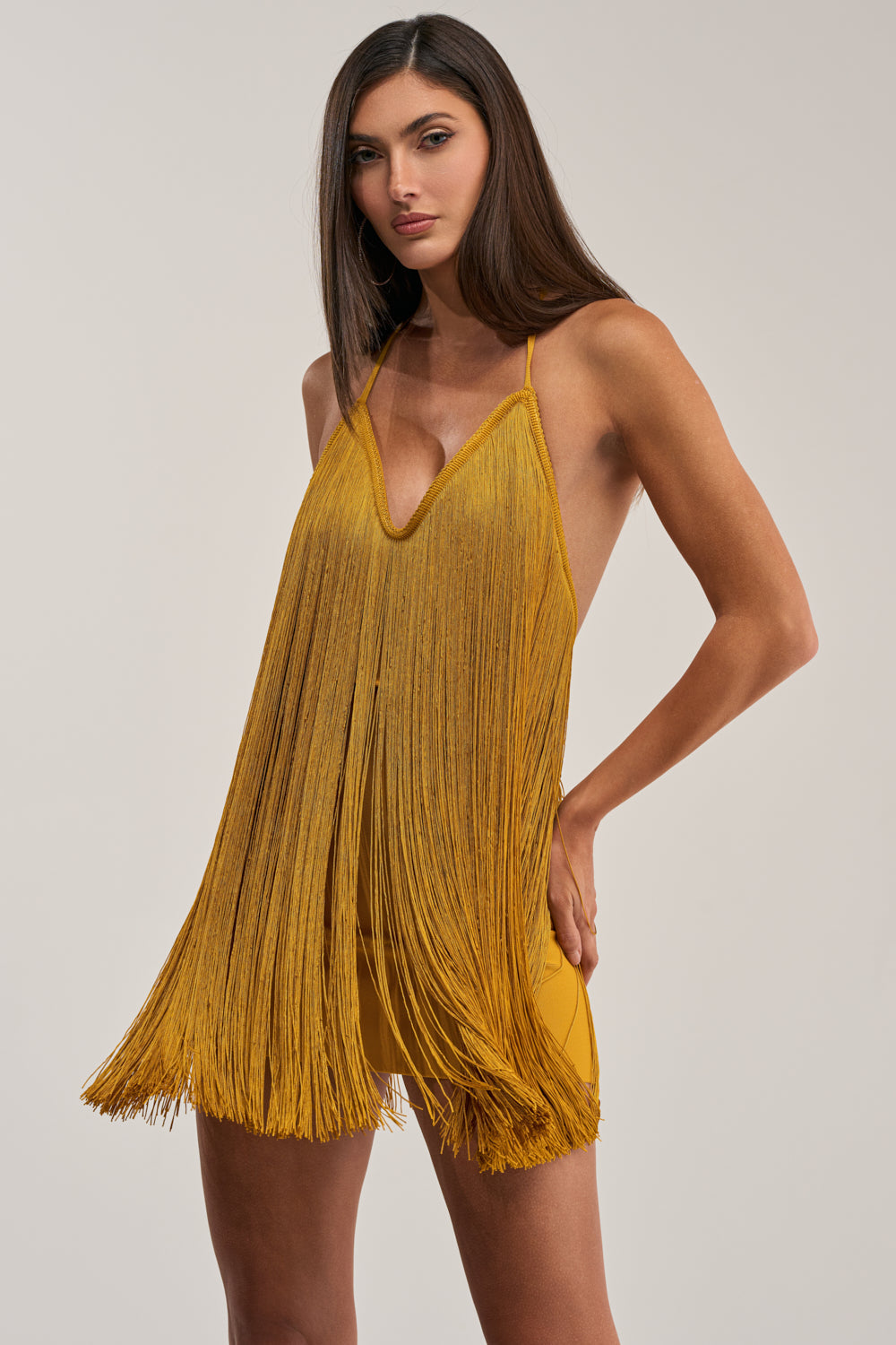DRINKS ON ME FRINGE MINI DRESS IN GOLD