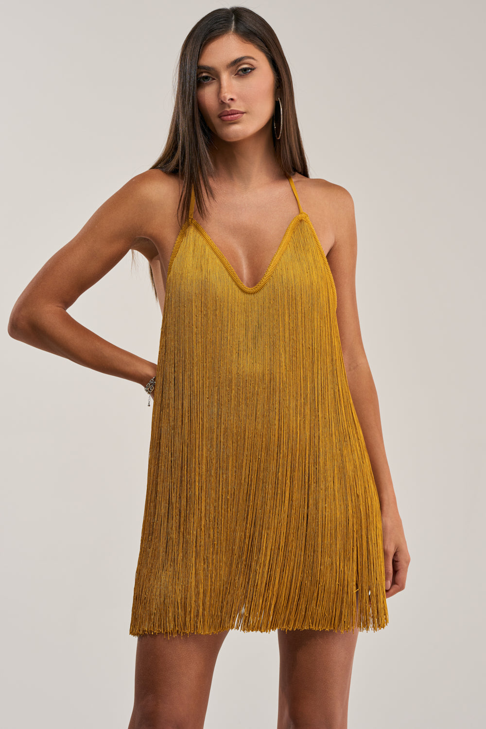DRINKS ON ME FRINGE MINI DRESS IN GOLD