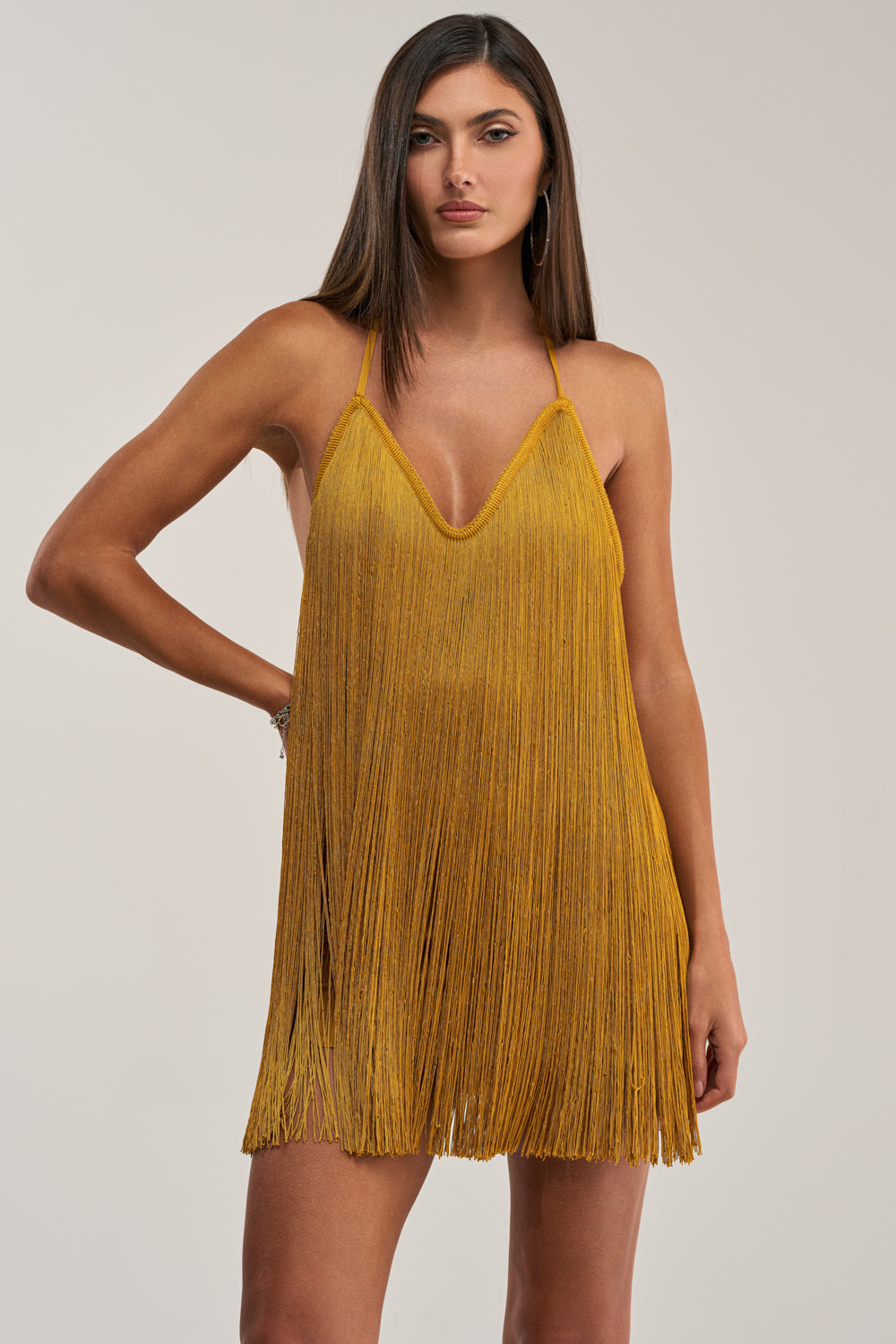 DRINKS ON ME FRINGE MINI DRESS IN GOLD