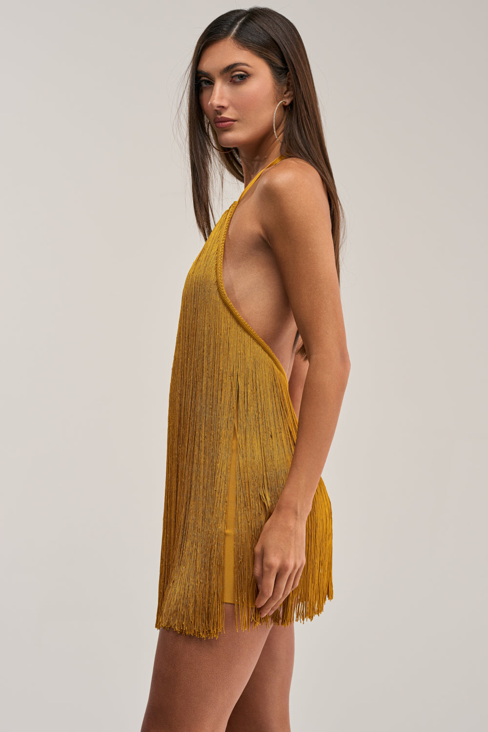 DRINKS ON ME FRINGE MINI DRESS IN GOLD