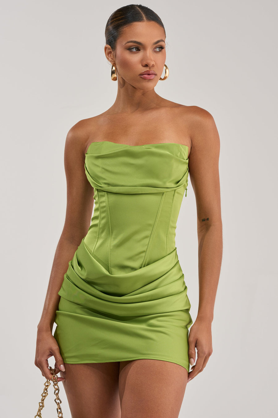 NO COMPETITION STRAPLESS SATIN MINI DRESS IN CHARTREUSE