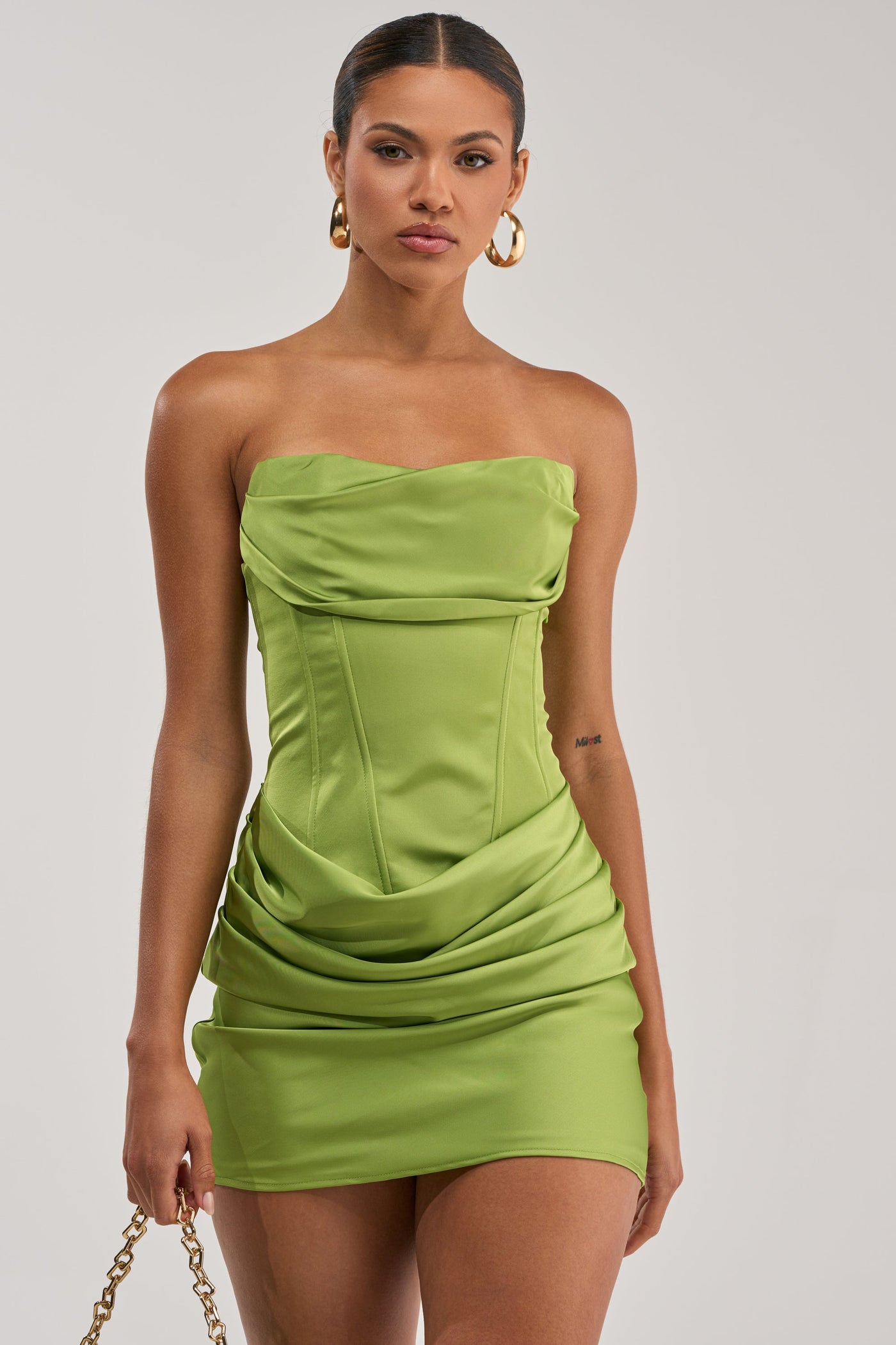 NO COMPETITION STRAPLESS SATIN MINI DRESS IN CHARTREUSE