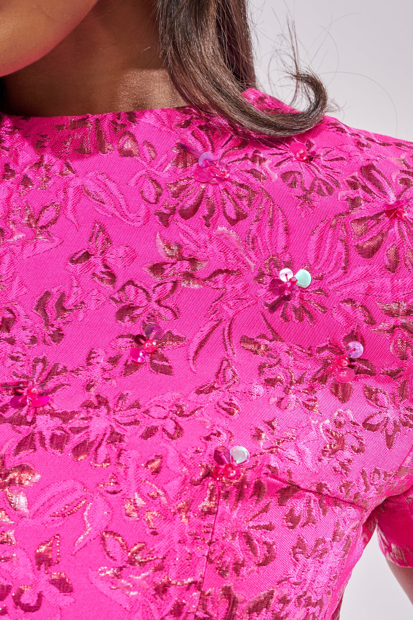 PRETTY IN PINK BROCADE BEADED MINI DRESS