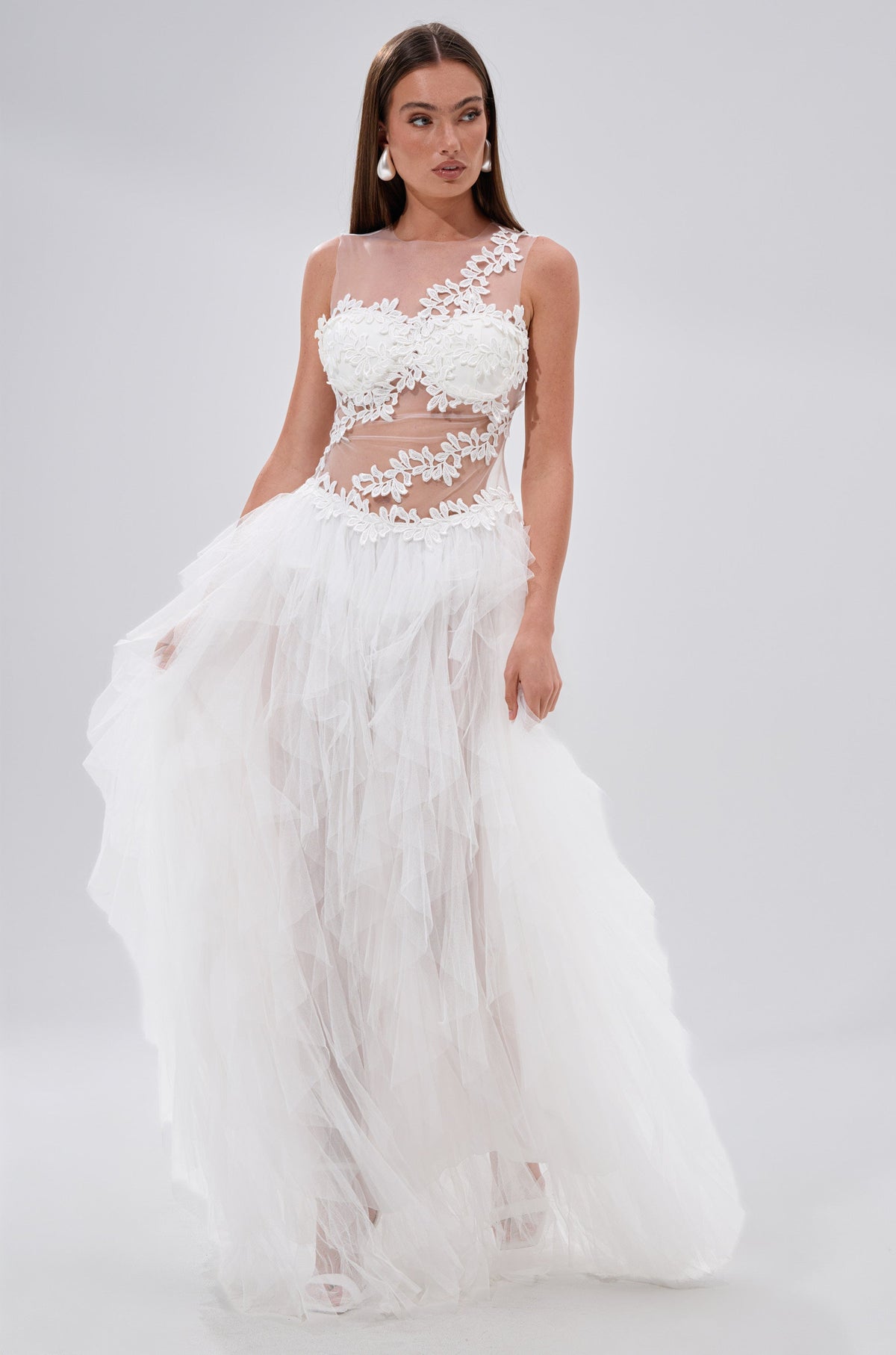 FELT CUTE RUFFLE MAXI DRESS WITH FLORAL APPLIQUES