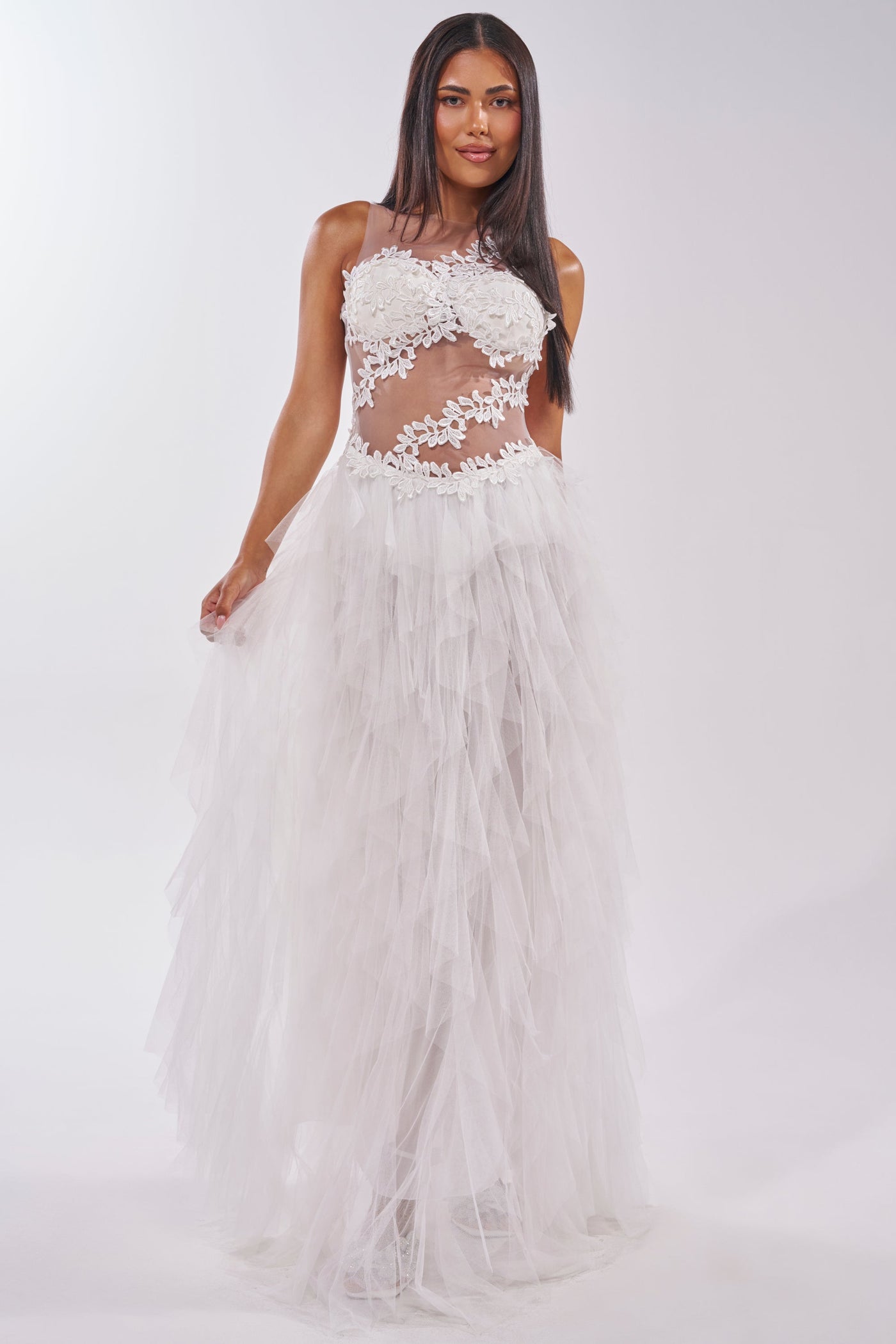 FELT CUTE RUFFLE MAXI DRESS WITH FLORAL APPLIQUES
