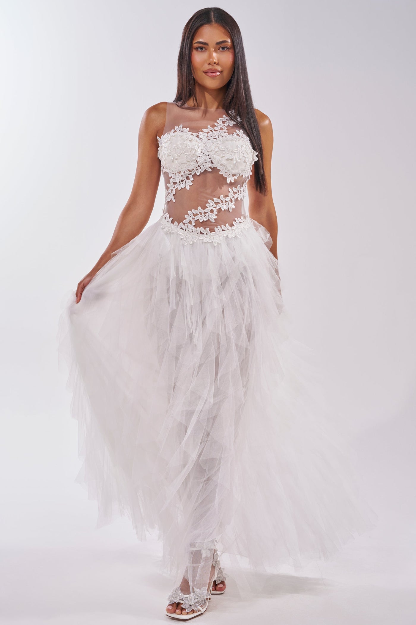 FELT CUTE RUFFLE MAXI DRESS WITH FLORAL APPLIQUES