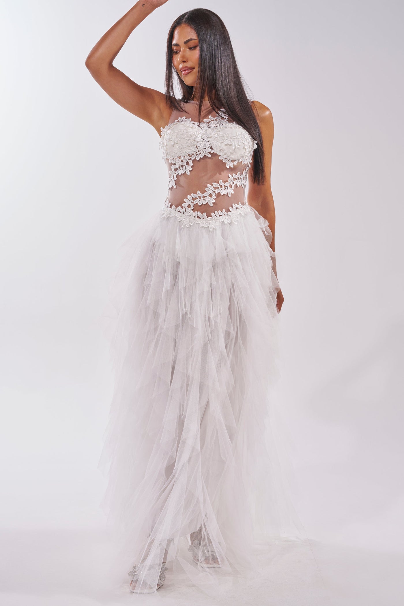 FELT CUTE RUFFLE MAXI DRESS WITH FLORAL APPLIQUES