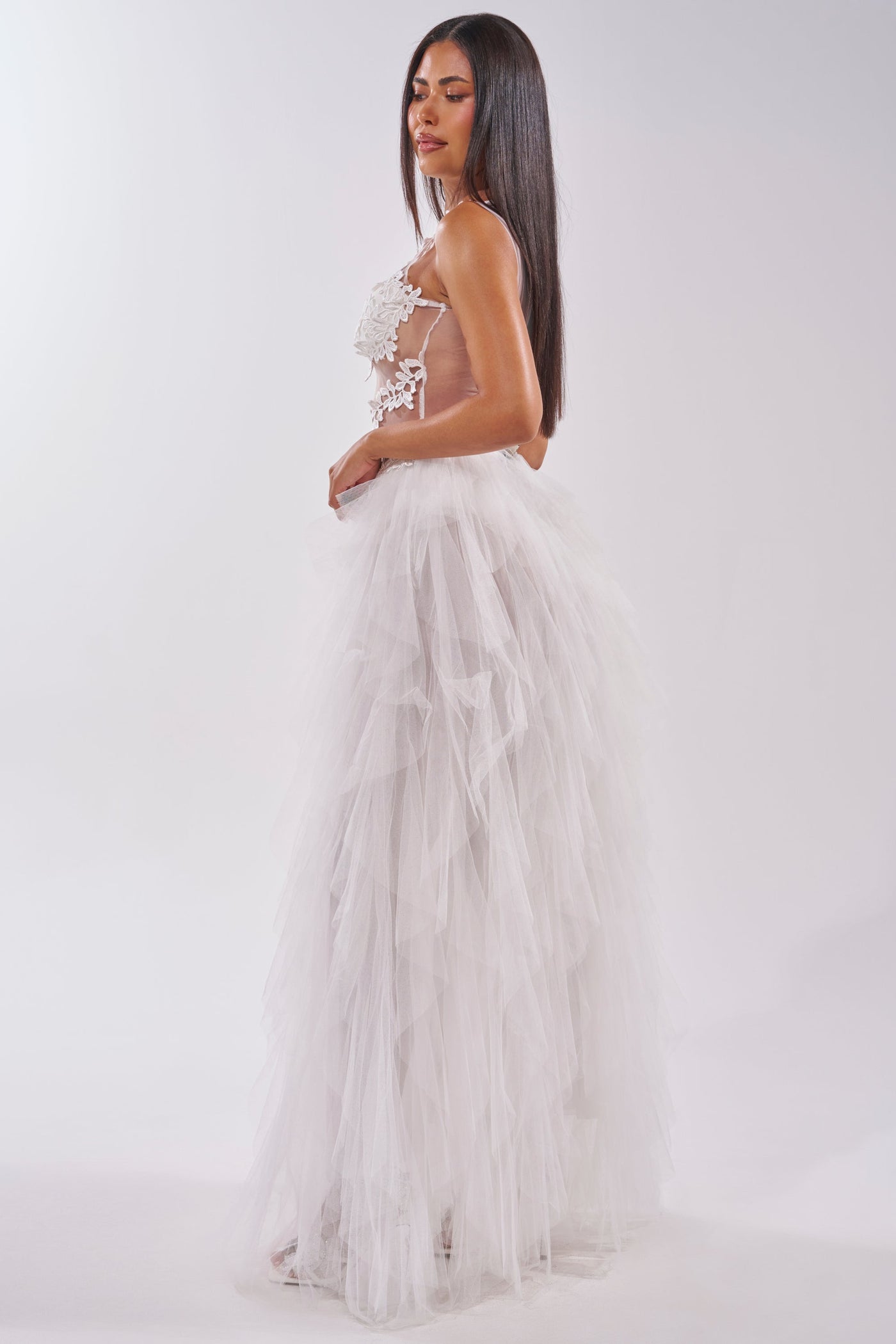 FELT CUTE RUFFLE MAXI DRESS WITH FLORAL APPLIQUES