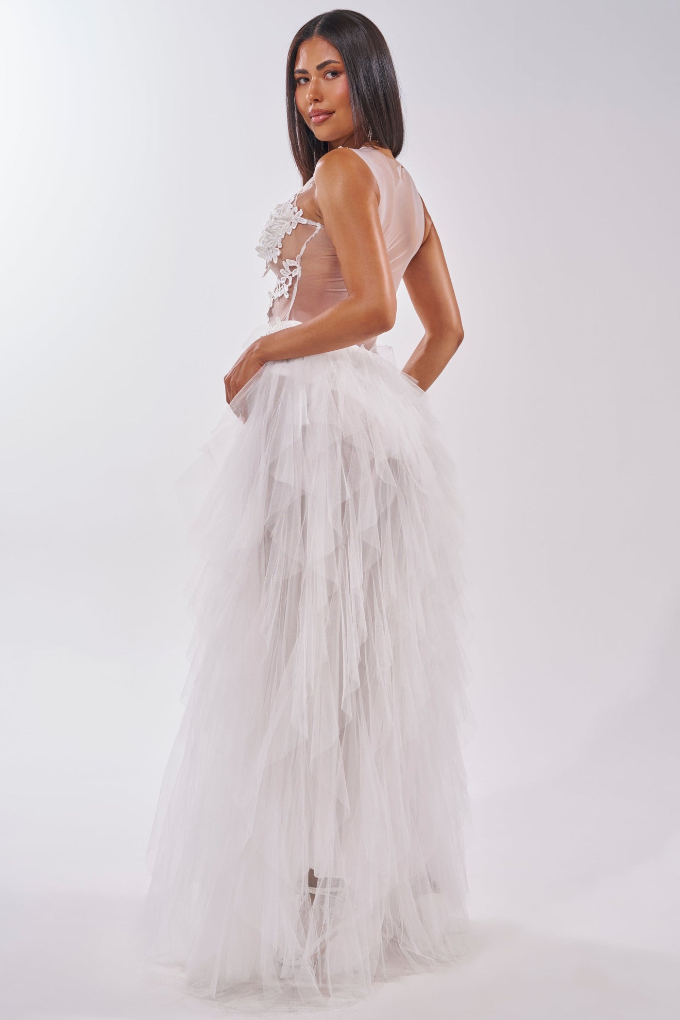 FELT CUTE RUFFLE MAXI DRESS WITH FLORAL APPLIQUES