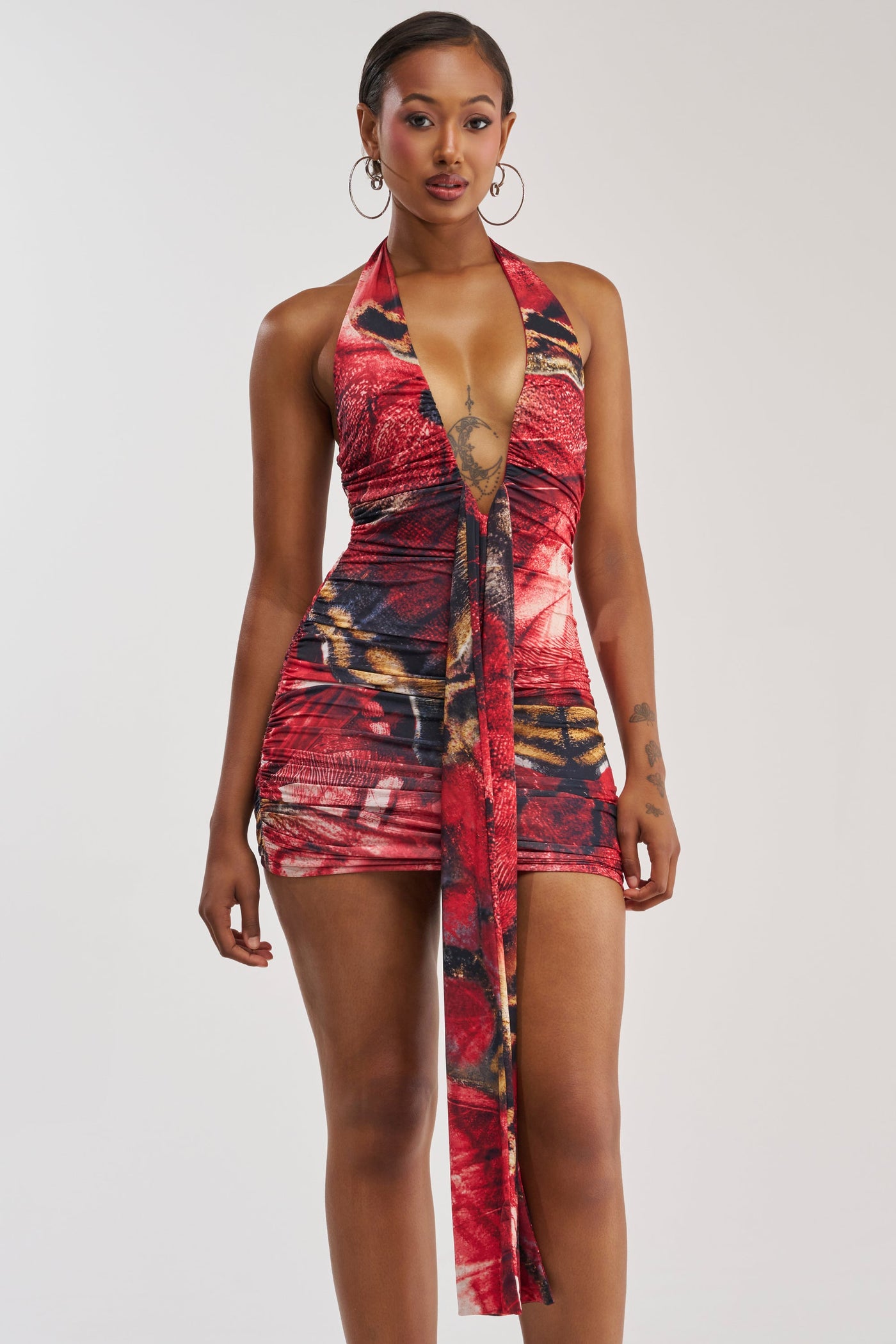 I DARE YOU PLUNGING MINI DRESS IN RED MULTI