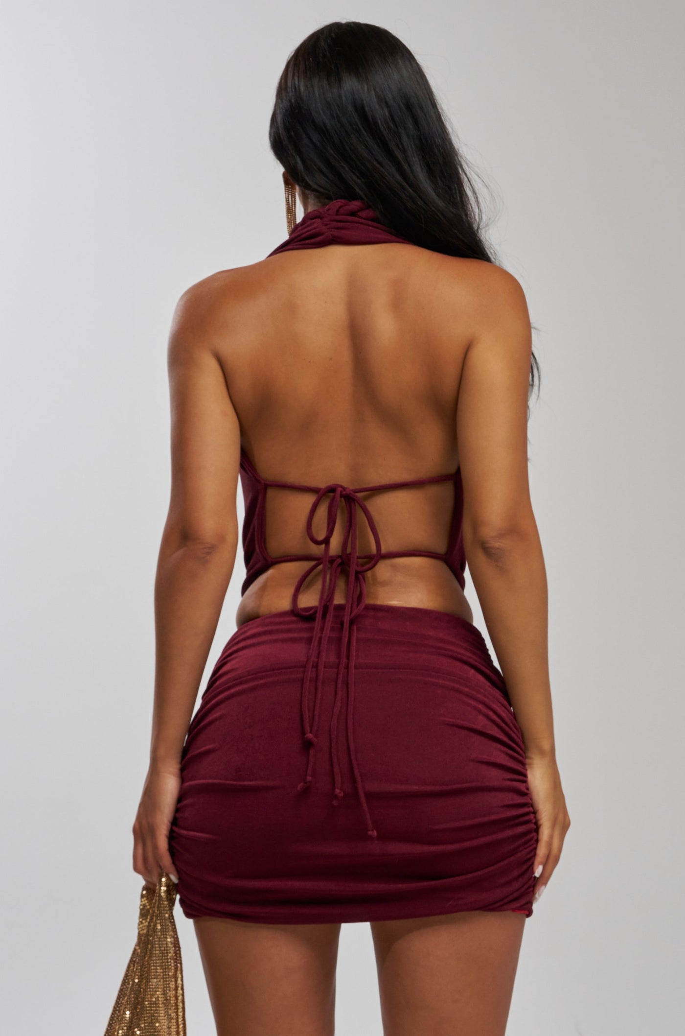 TIED TO YOU KNOTTED MINI DRESS IN BURGUNDY