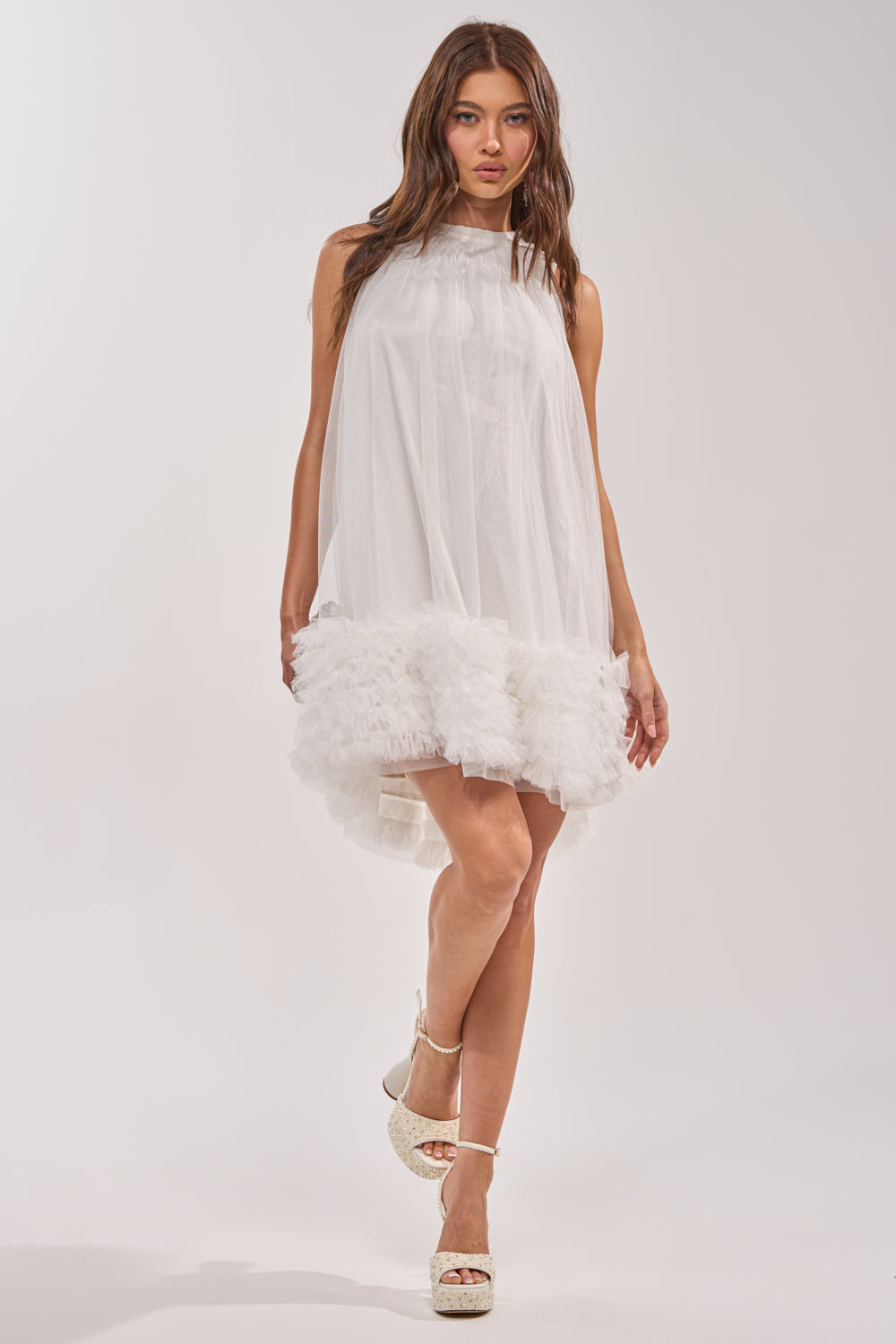ARI TULLE RUFFLE MINI DRESS IN WHITE