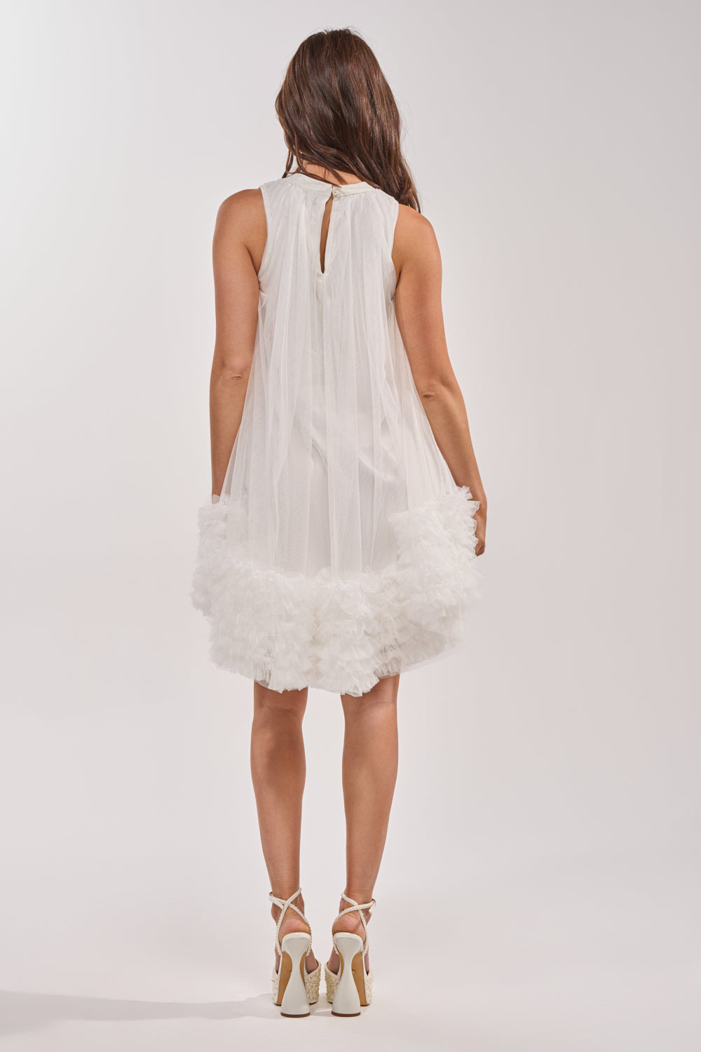 ARI TULLE RUFFLE MINI DRESS IN WHITE