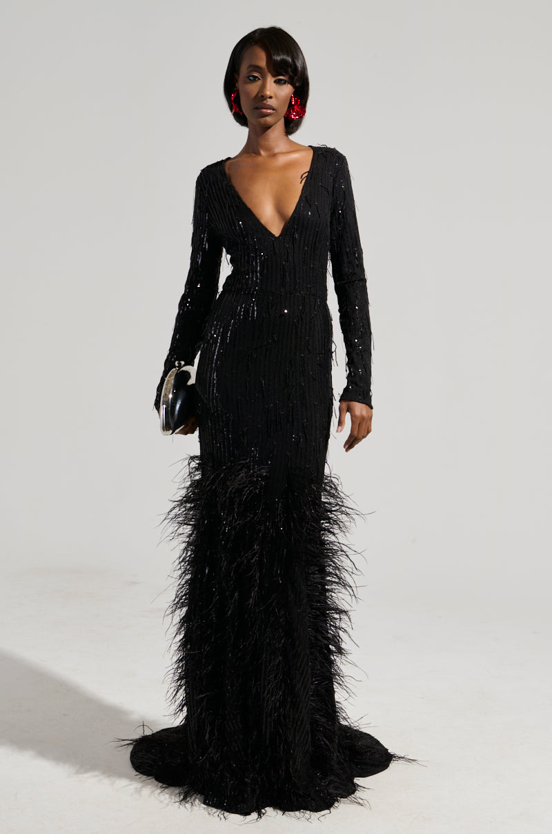 YOURS TRULY FEATHER SEQUIN EMBELLISHED MAXI DRESS