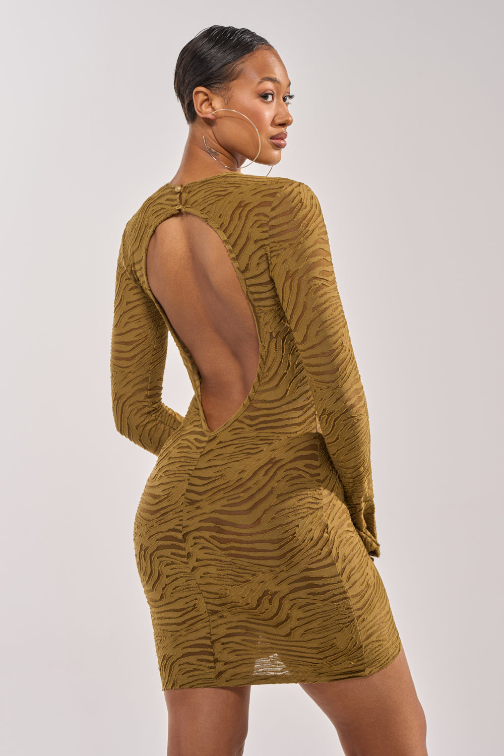 SEE ME WIN MESH MINI DRESS IN OLIVE