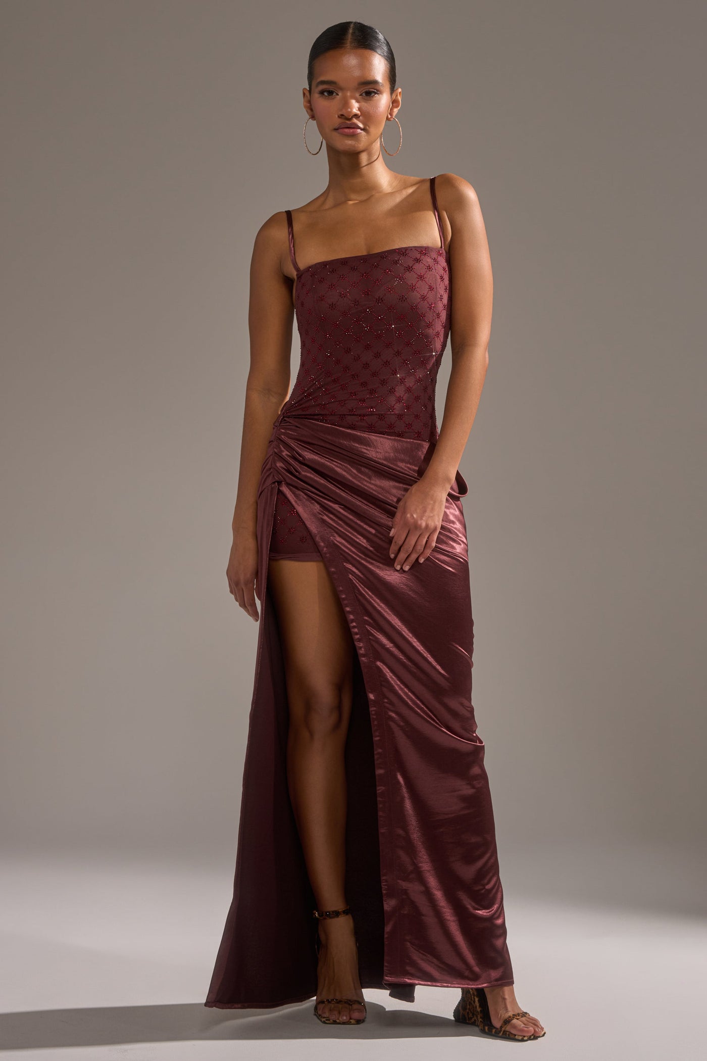 RUNAWAY SATIN MESH MAXI DRESS