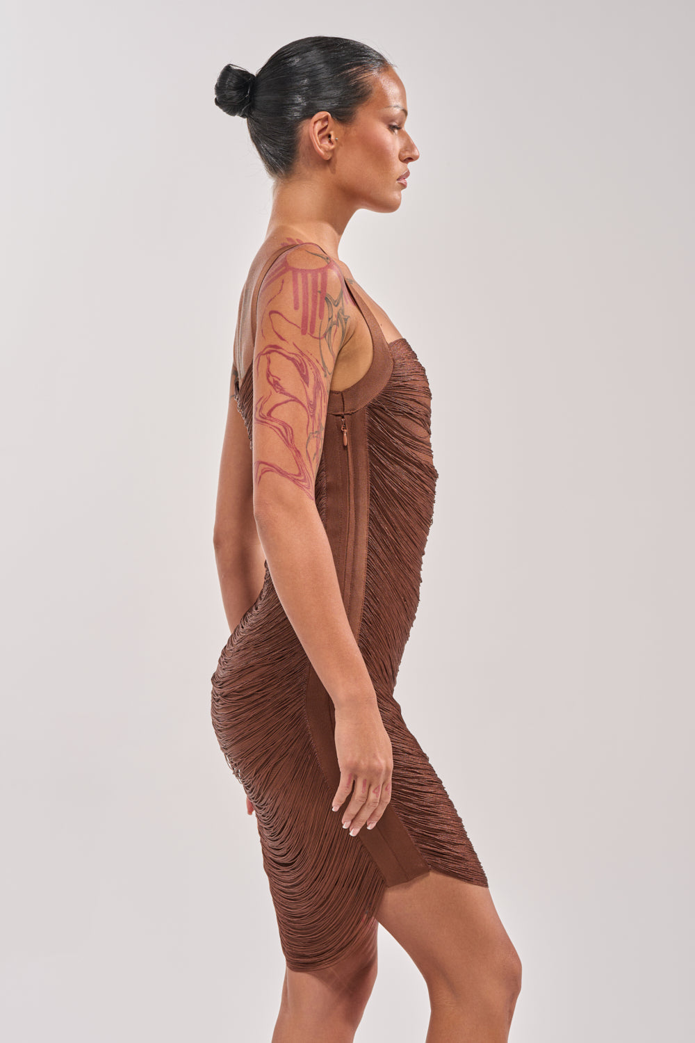 HYPNOTIZE ME FRINGE MINI DRESS IN BROWN