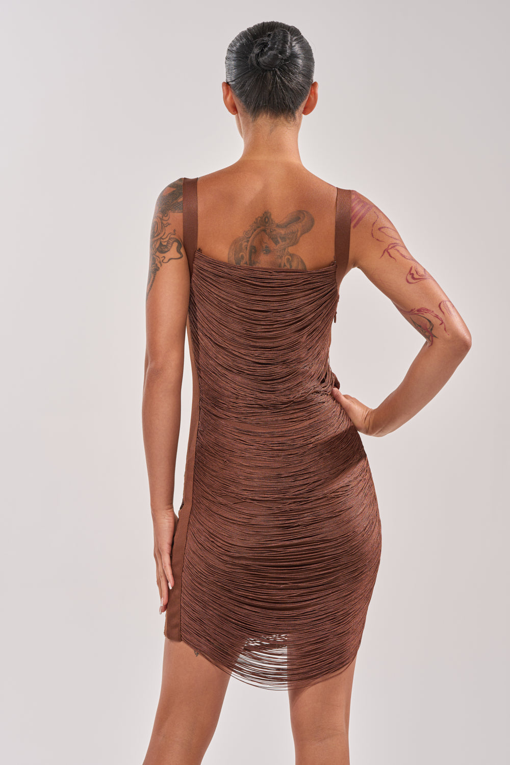 HYPNOTIZE ME FRINGE MINI DRESS IN BROWN