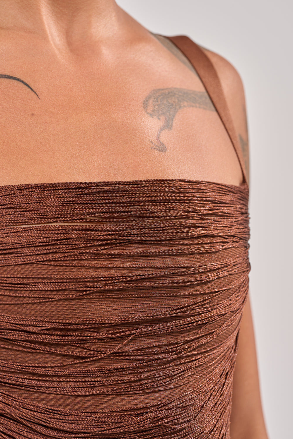 HYPNOTIZE ME FRINGE MINI DRESS IN BROWN