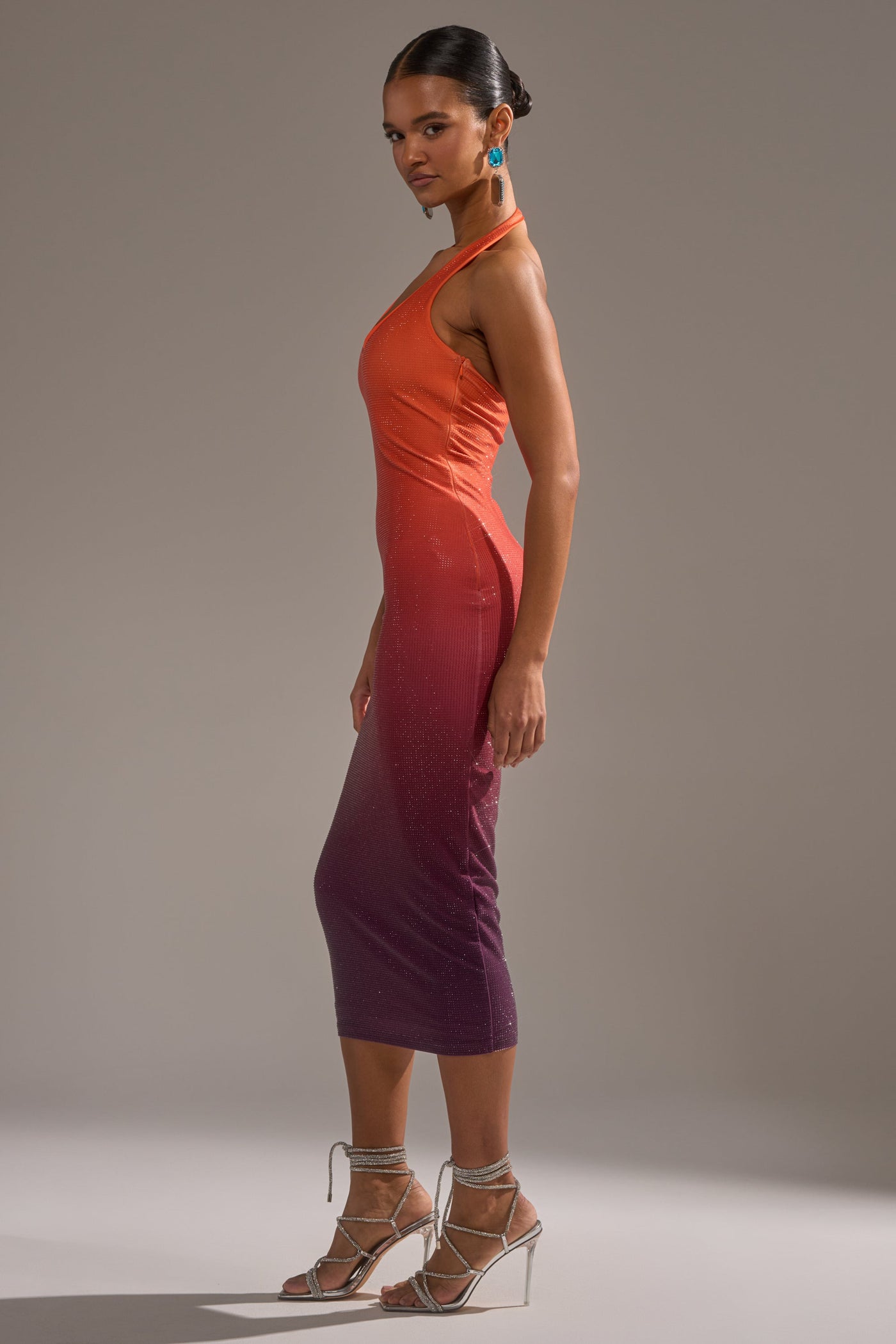 DUSK TILL DAWN RHINESTONE MIDI DRESS IN ORANGE
