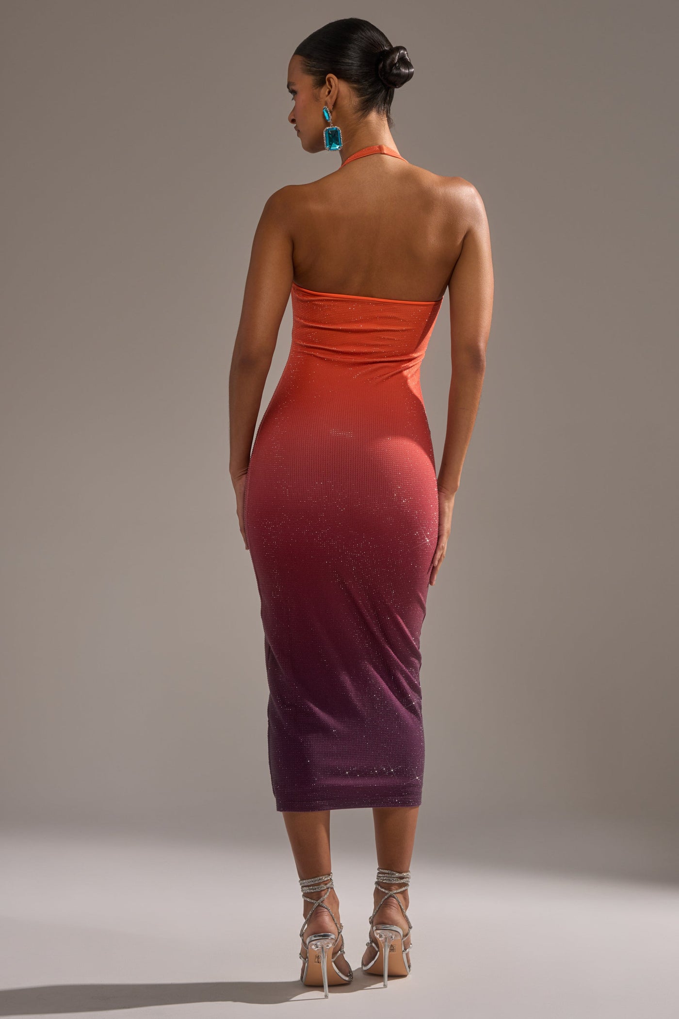 DUSK TILL DAWN RHINESTONE MIDI DRESS IN ORANGE