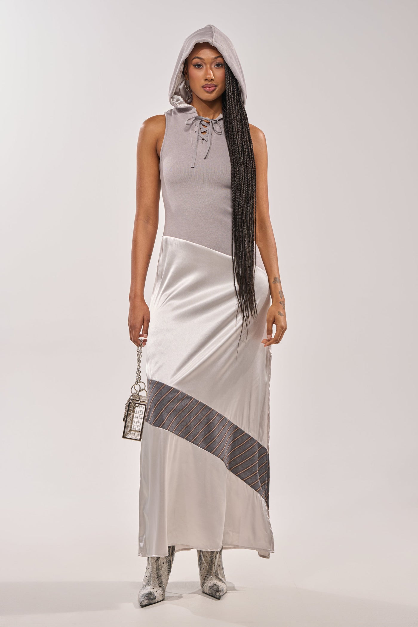 BONDI PATCHWORK HOODED MAXI DRESS IN GREY