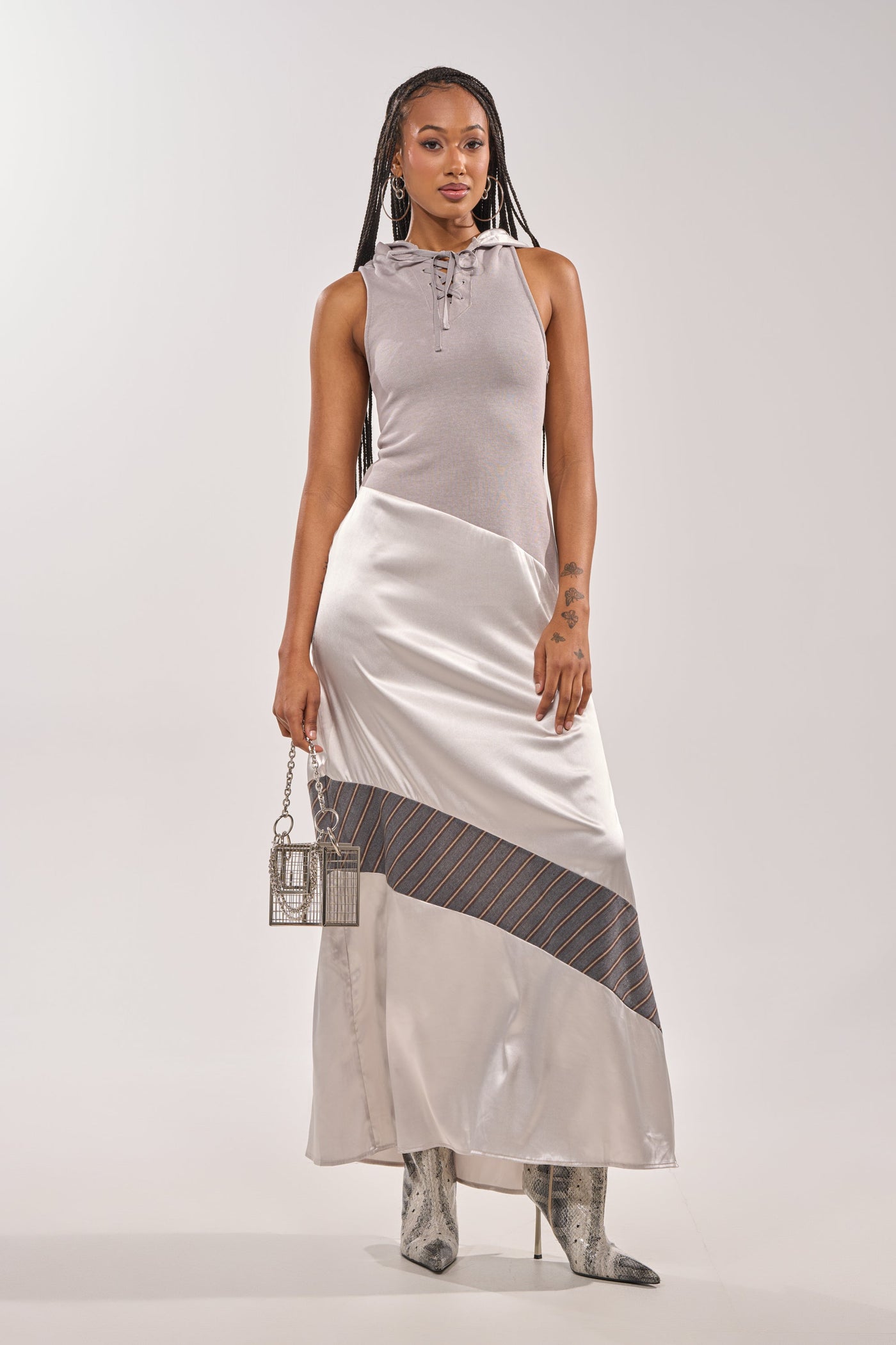BONDI PATCHWORK HOODED MAXI DRESS IN GREY