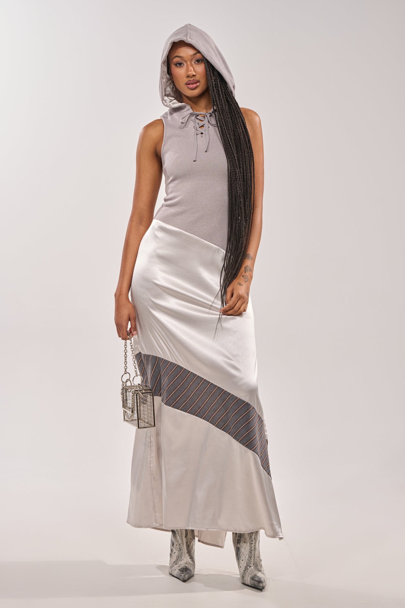 BONDI PATCHWORK HOODED MAXI DRESS IN GREY