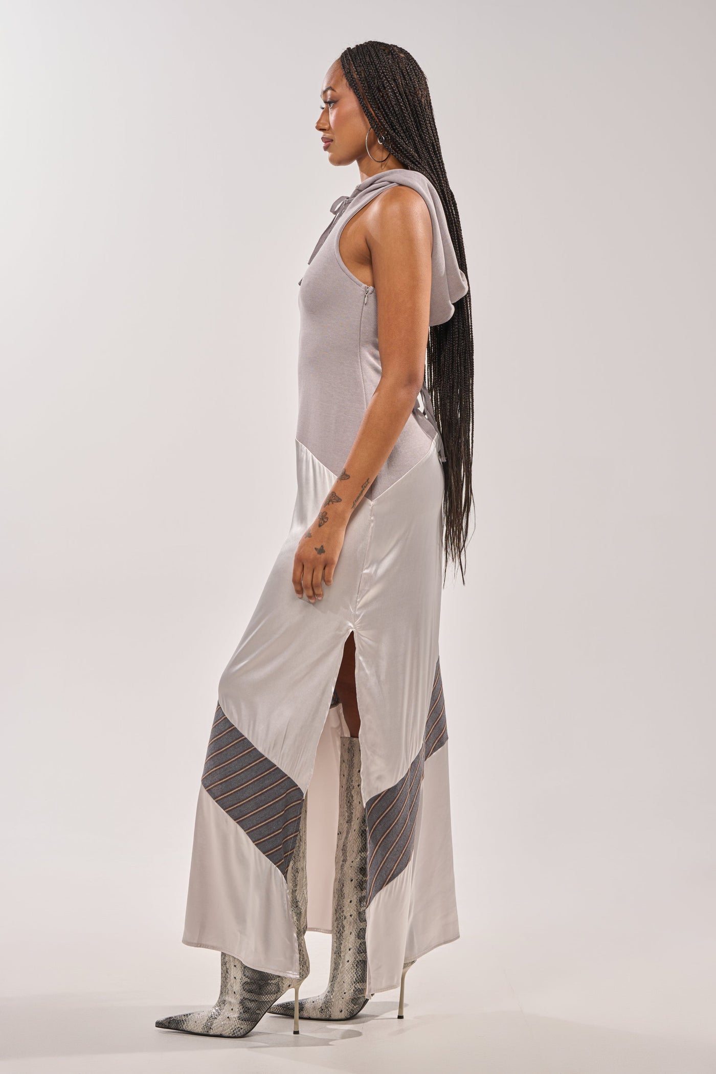 BONDI PATCHWORK HOODED MAXI DRESS IN GREY