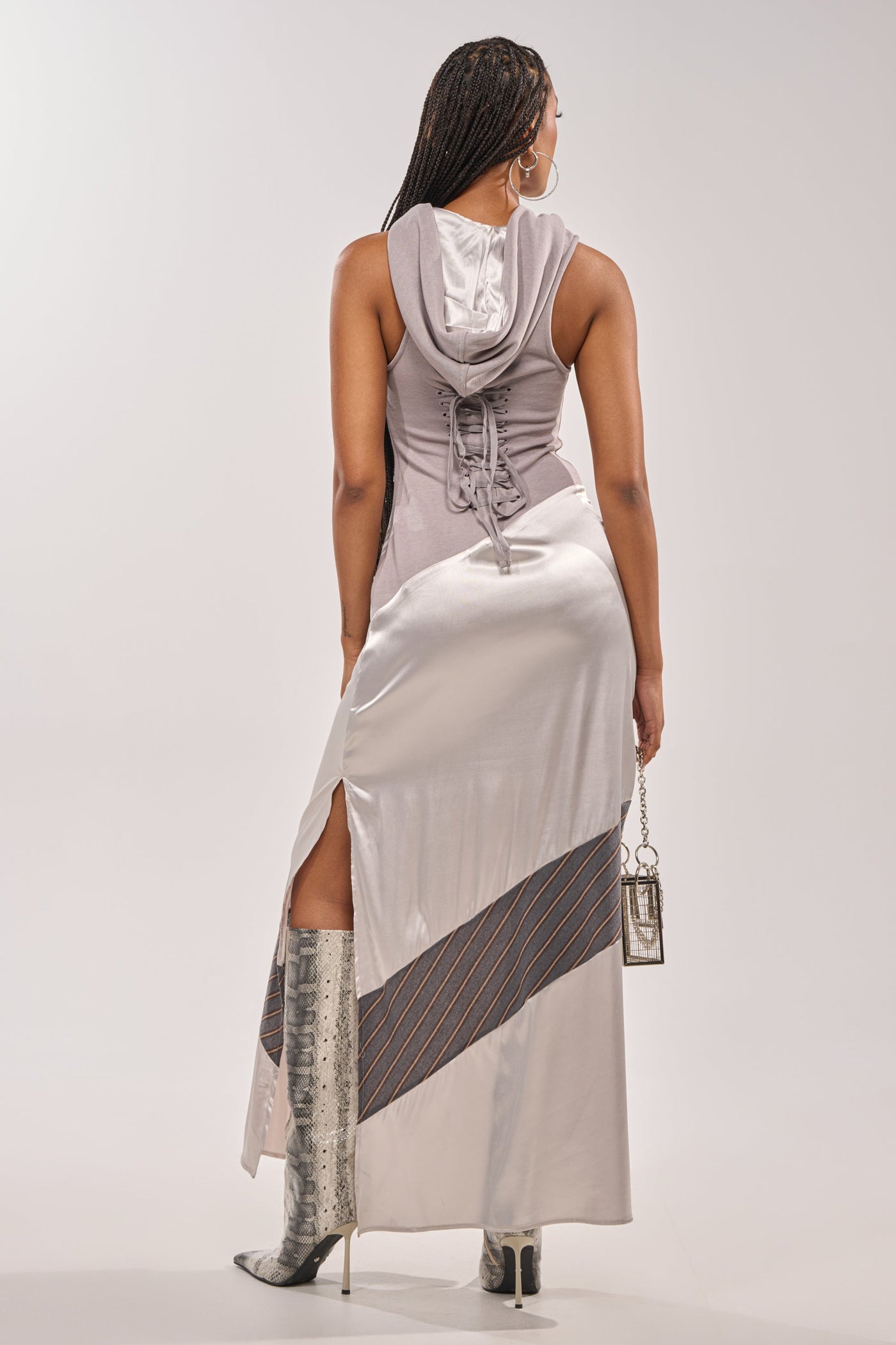 BONDI PATCHWORK HOODED MAXI DRESS IN GREY