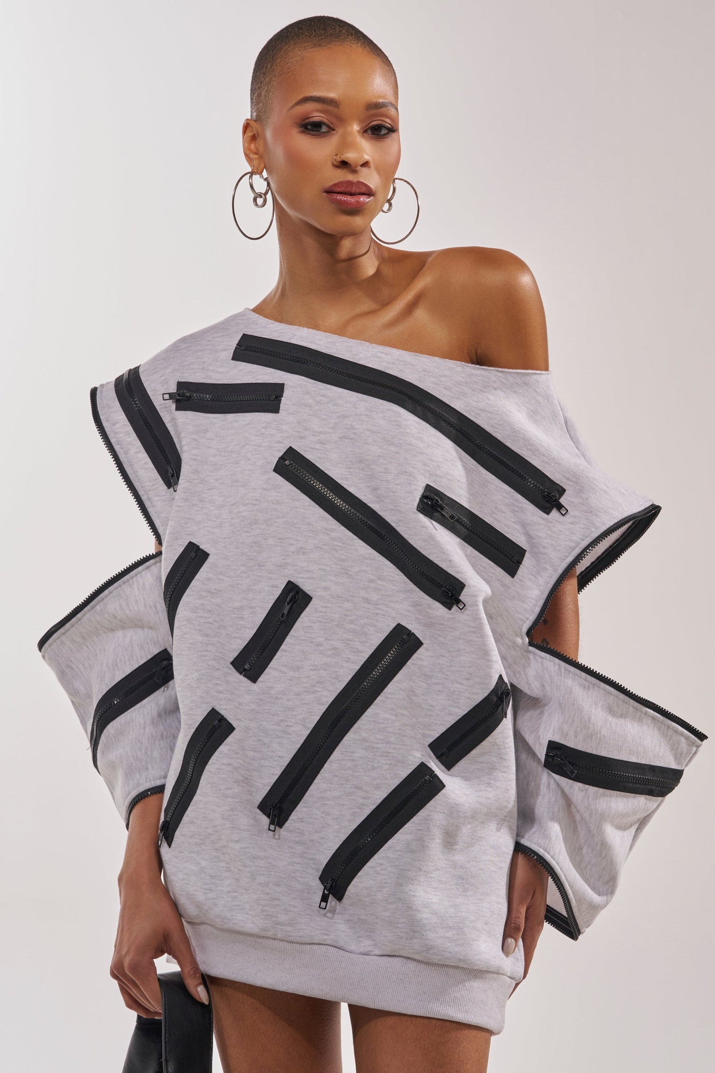 ZIP ZAP OFF THE SHOULDER SWEATSHIRT DRESS-GREY MULTI