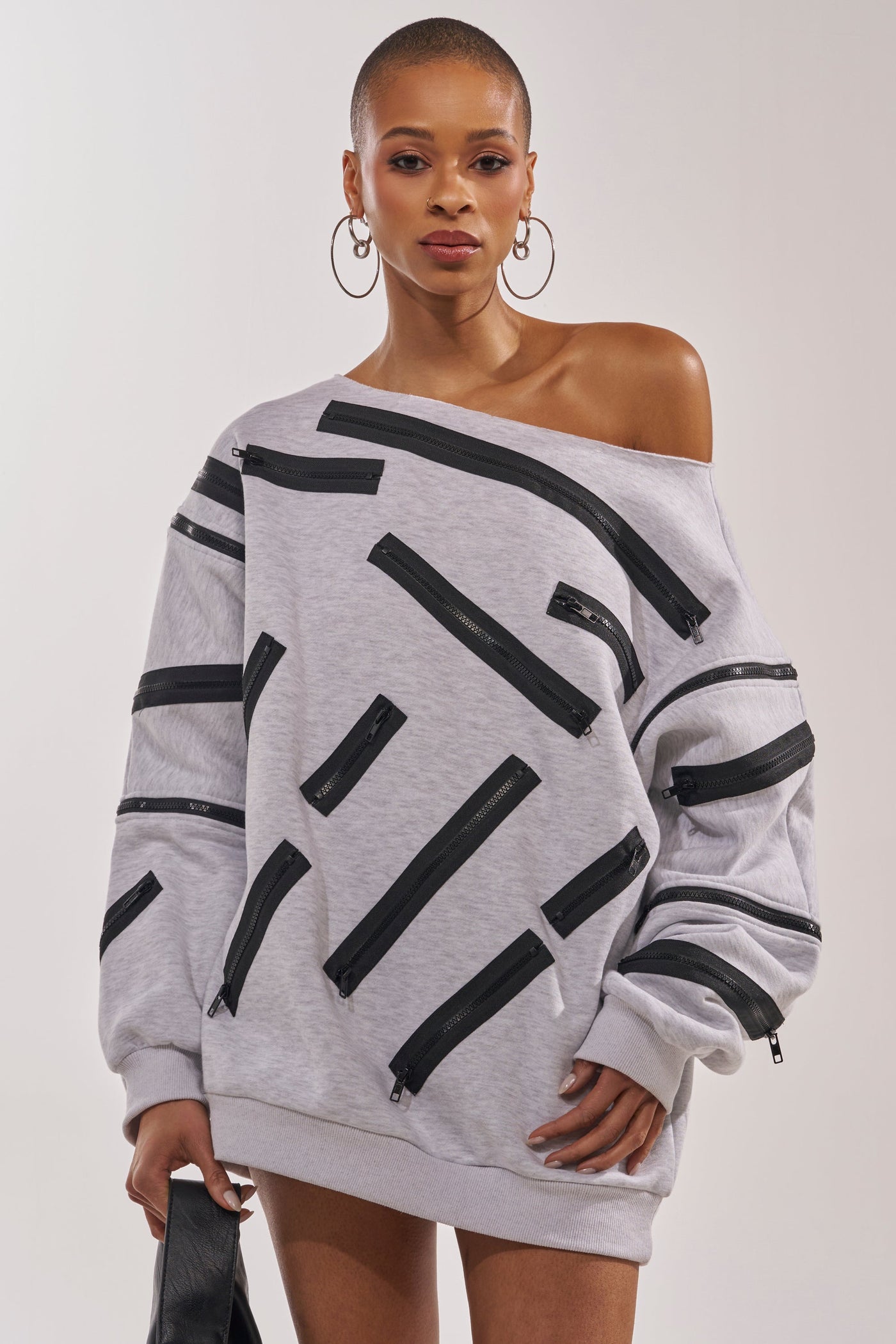 ZIP ZAP OFF THE SHOULDER SWEATSHIRT DRESS-GREY MULTI
