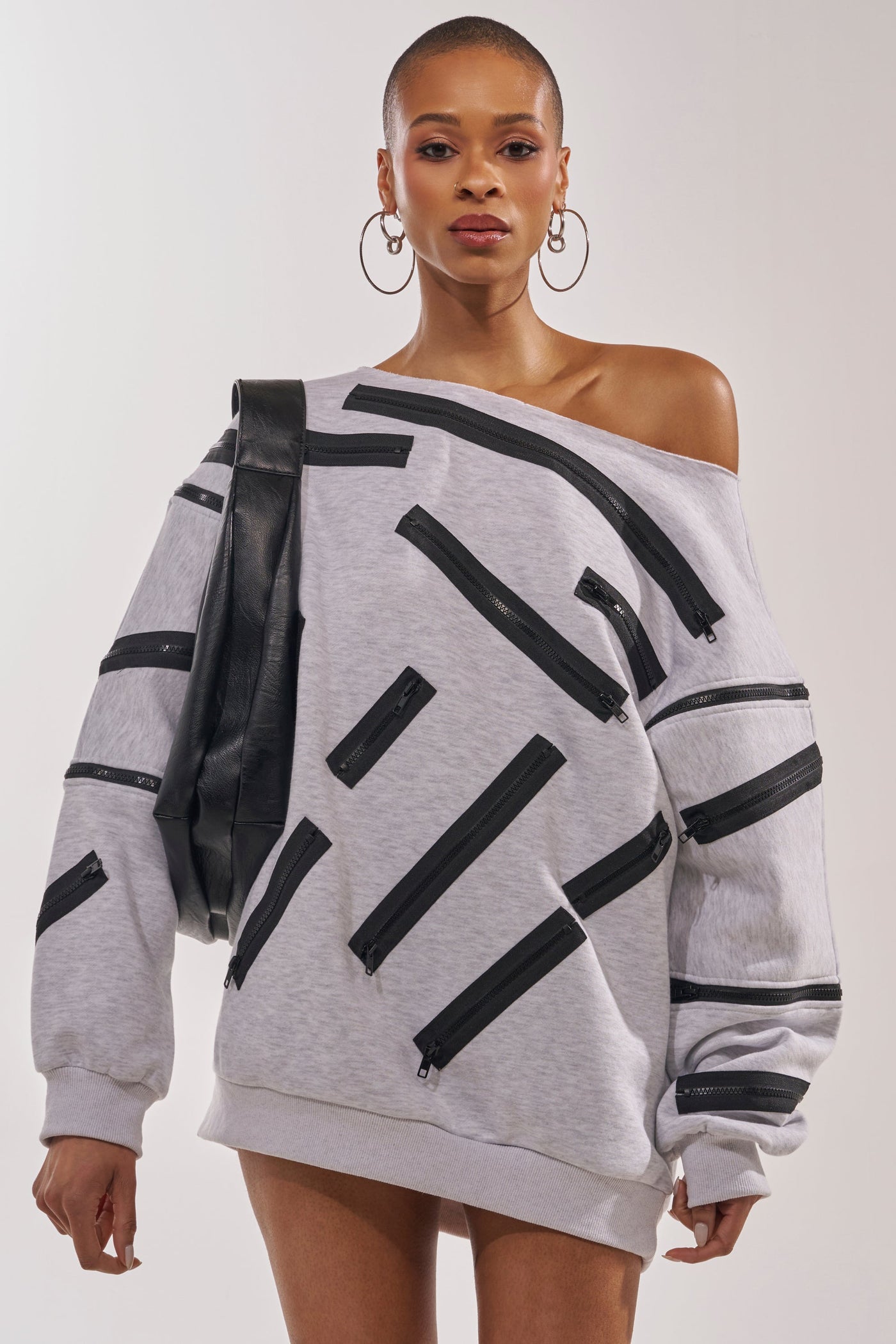 ZIP ZAP OFF THE SHOULDER SWEATSHIRT DRESS-GREY MULTI