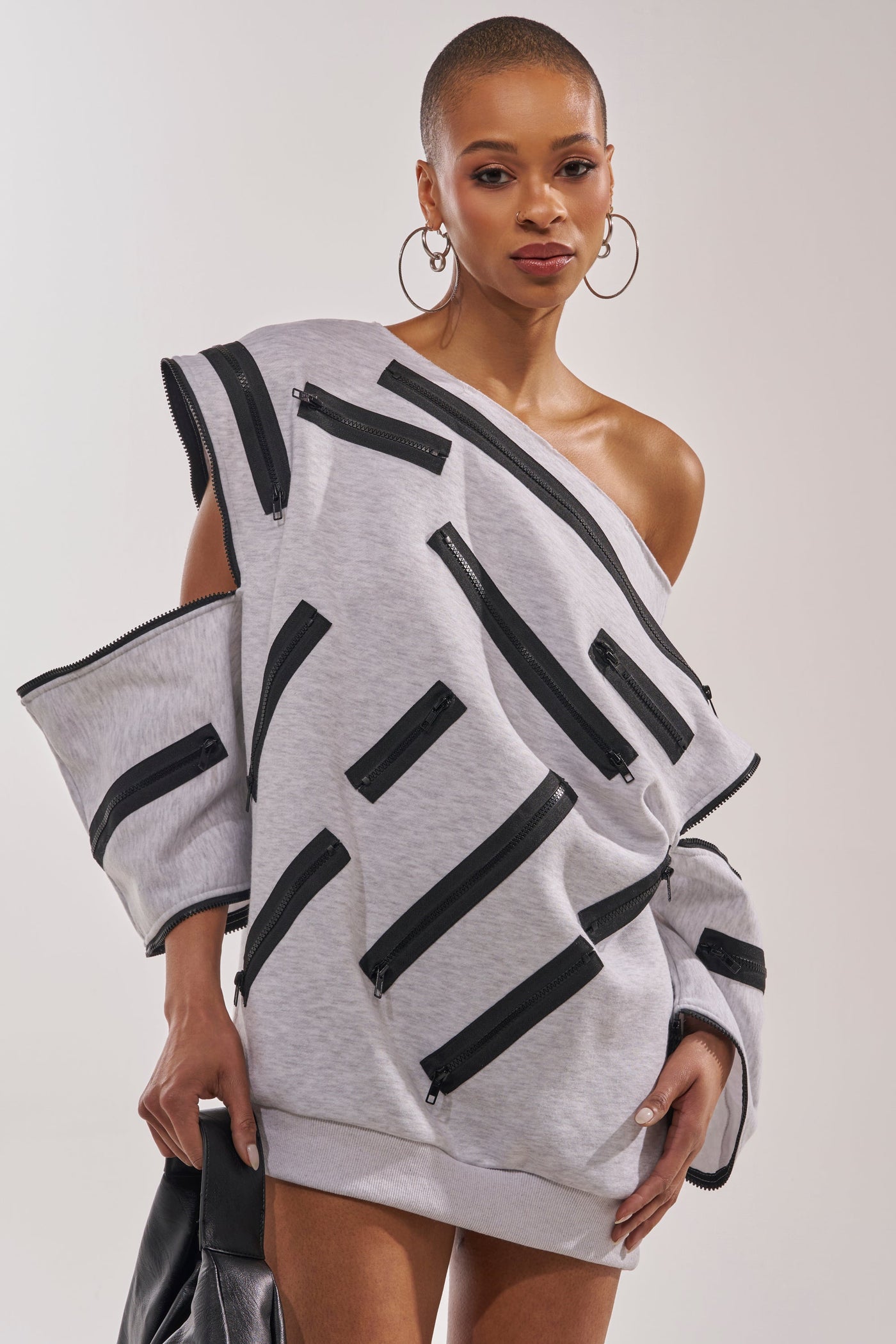ZIP ZAP OFF THE SHOULDER SWEATSHIRT DRESS-GREY MULTI
