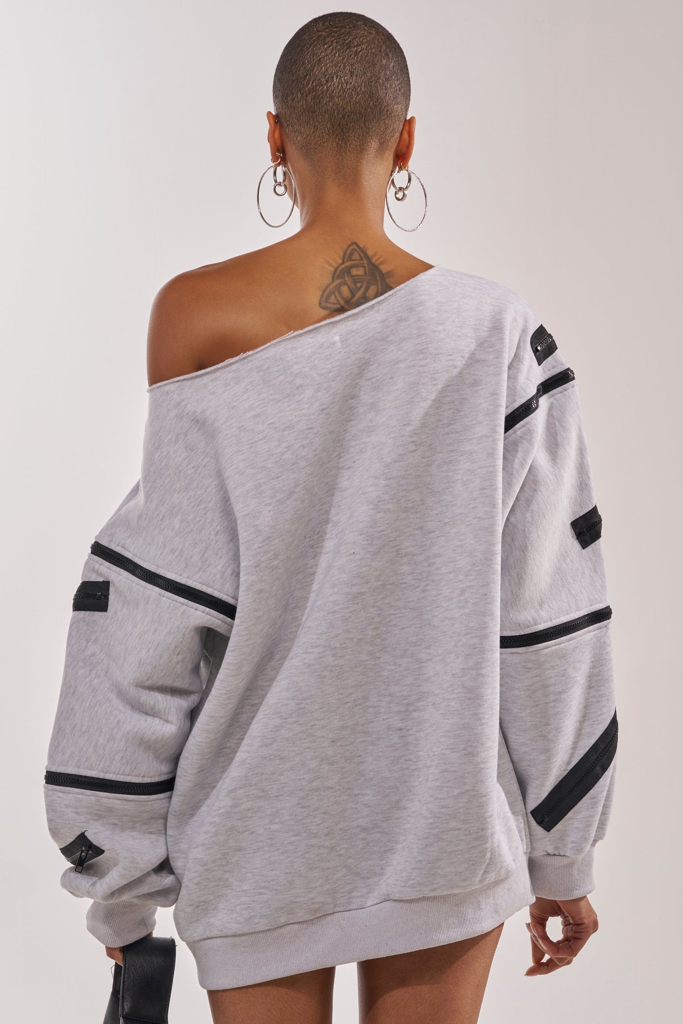 ZIP ZAP OFF THE SHOULDER SWEATSHIRT DRESS-GREY MULTI