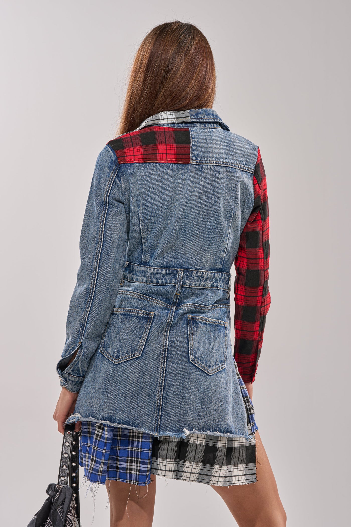 PATCHWORK PLAID DENIM MINI DRESS