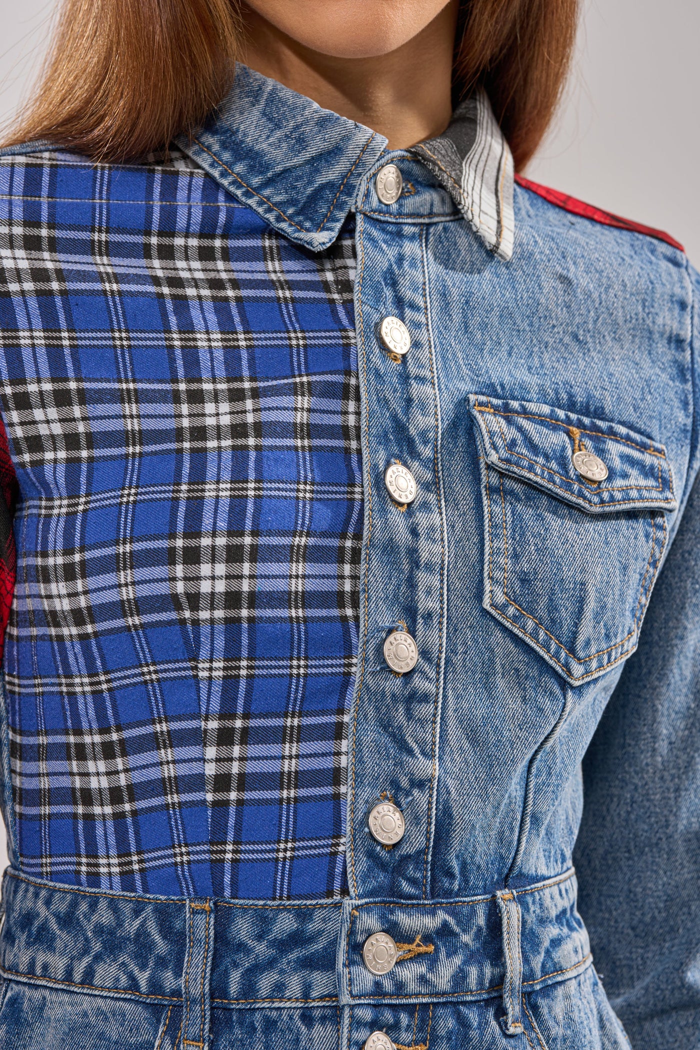 PATCHWORK PLAID DENIM MINI DRESS