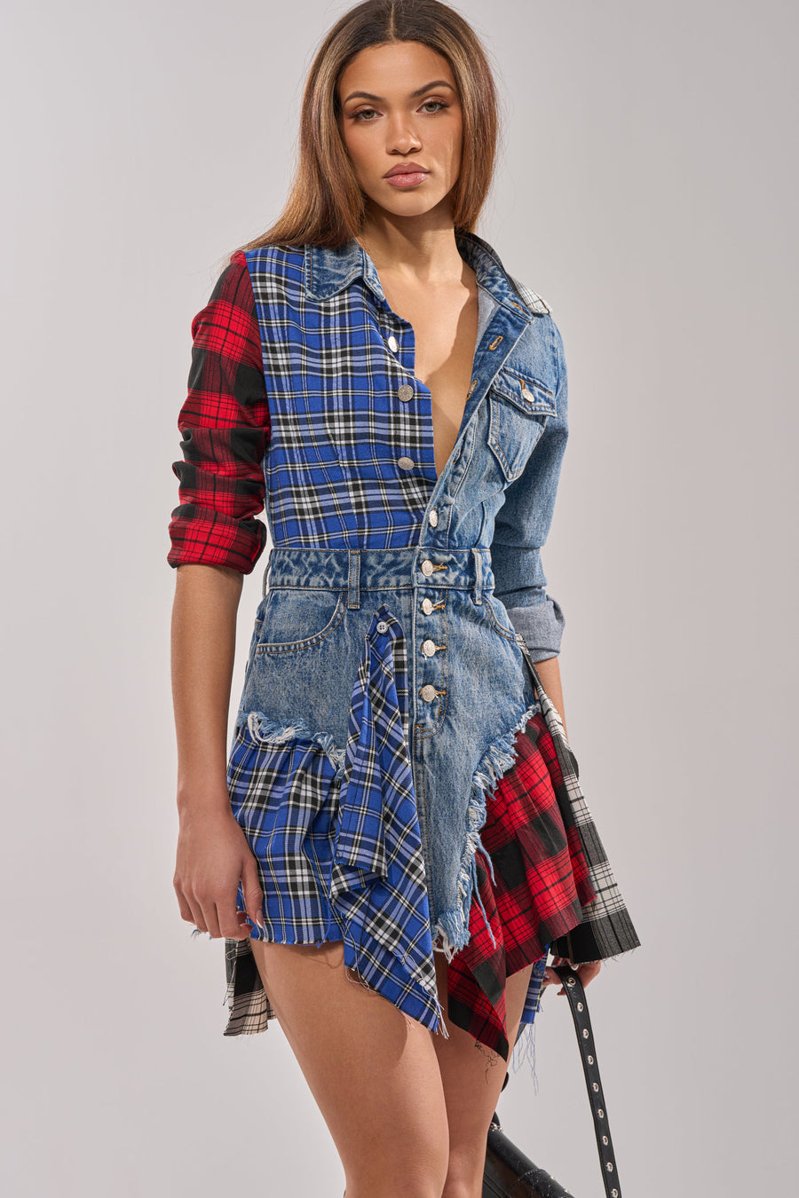PATCHWORK PLAID DENIM MINI DRESS