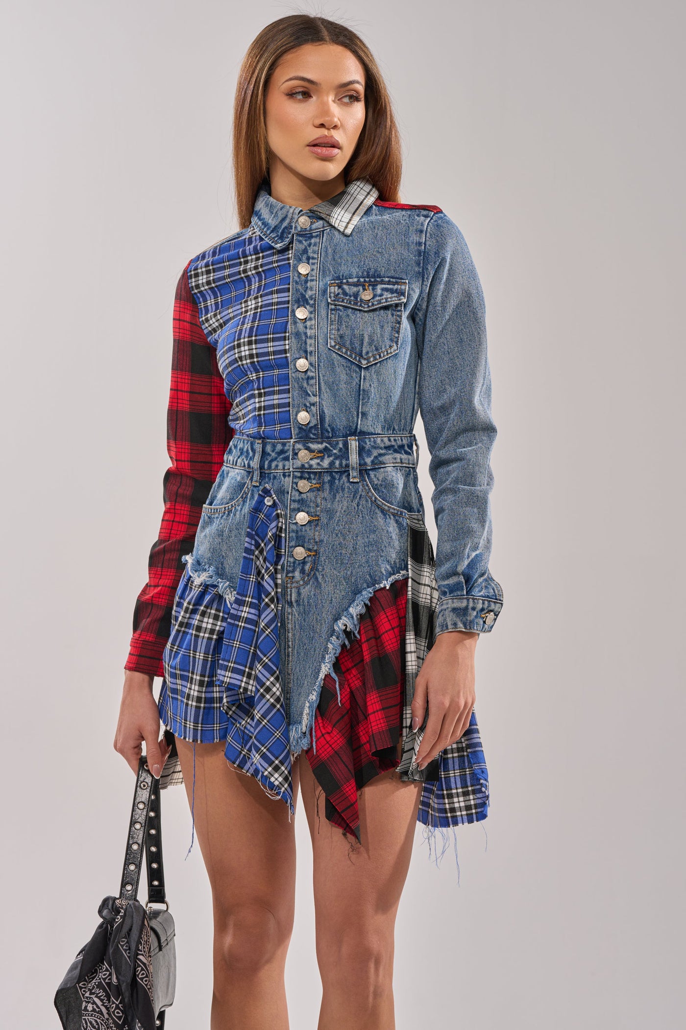 PATCHWORK PLAID DENIM MINI DRESS