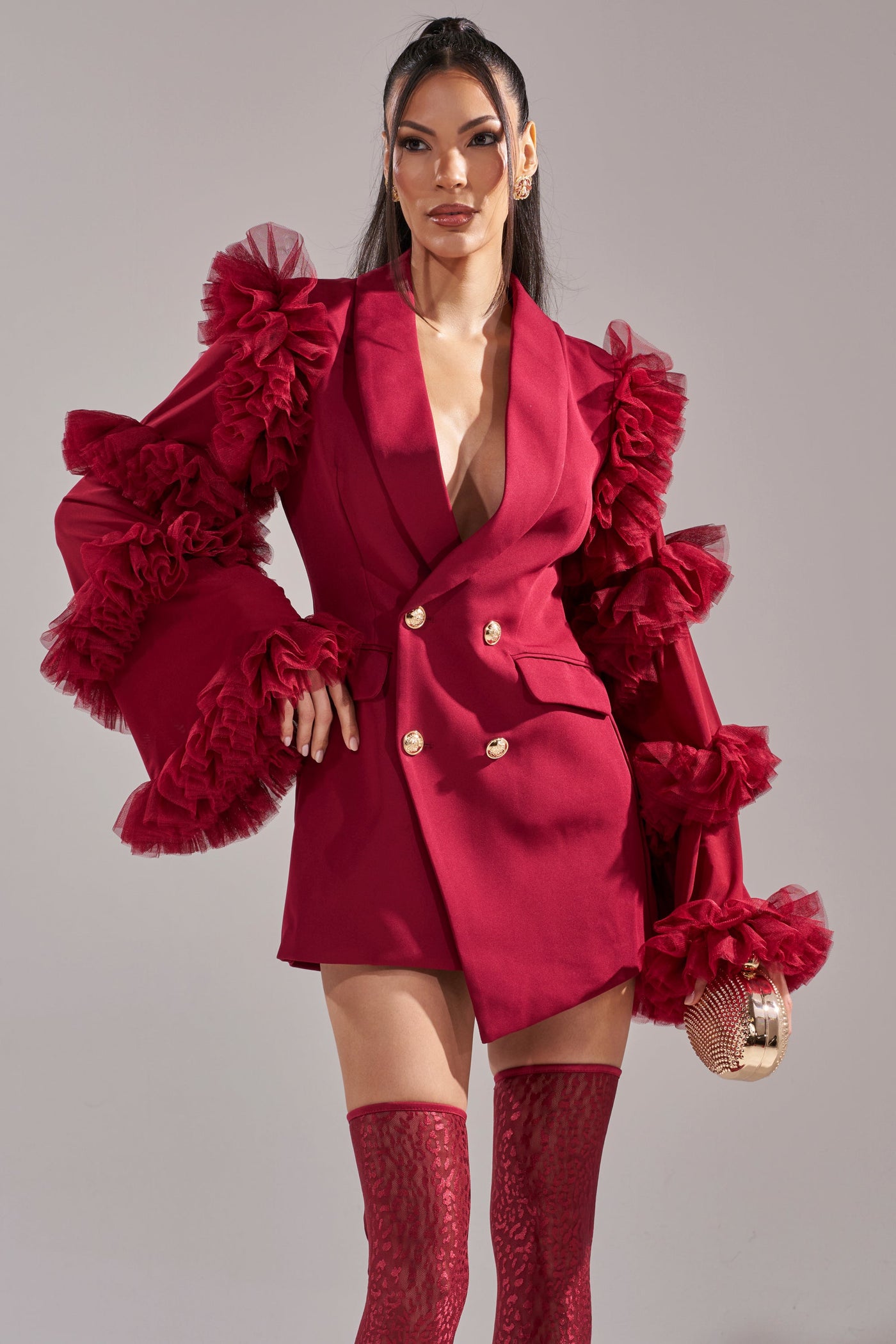 LIVING OVER THE TOP RUFFLE SLEEVE BLAZER MINI DRESS IN BURGUNDY