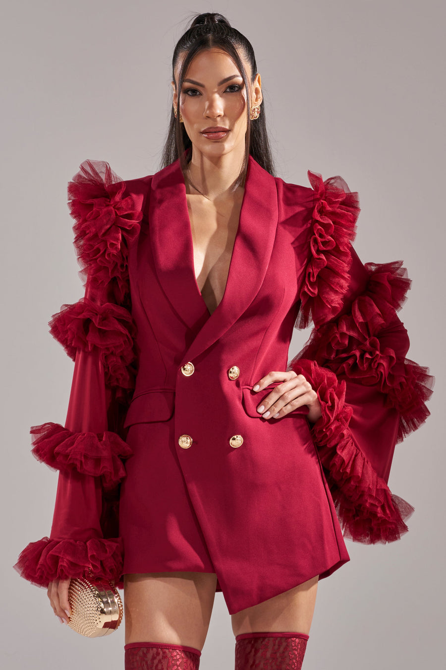 LIVING OVER THE TOP RUFFLE SLEEVE BLAZER MINI DRESS IN BURGUNDY