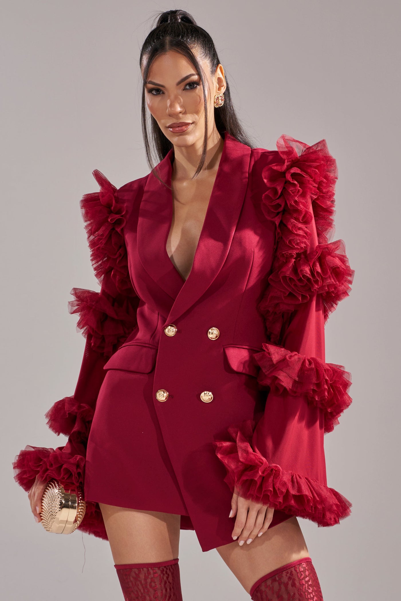 LIVING OVER THE TOP RUFFLE SLEEVE BLAZER MINI DRESS IN BURGUNDY