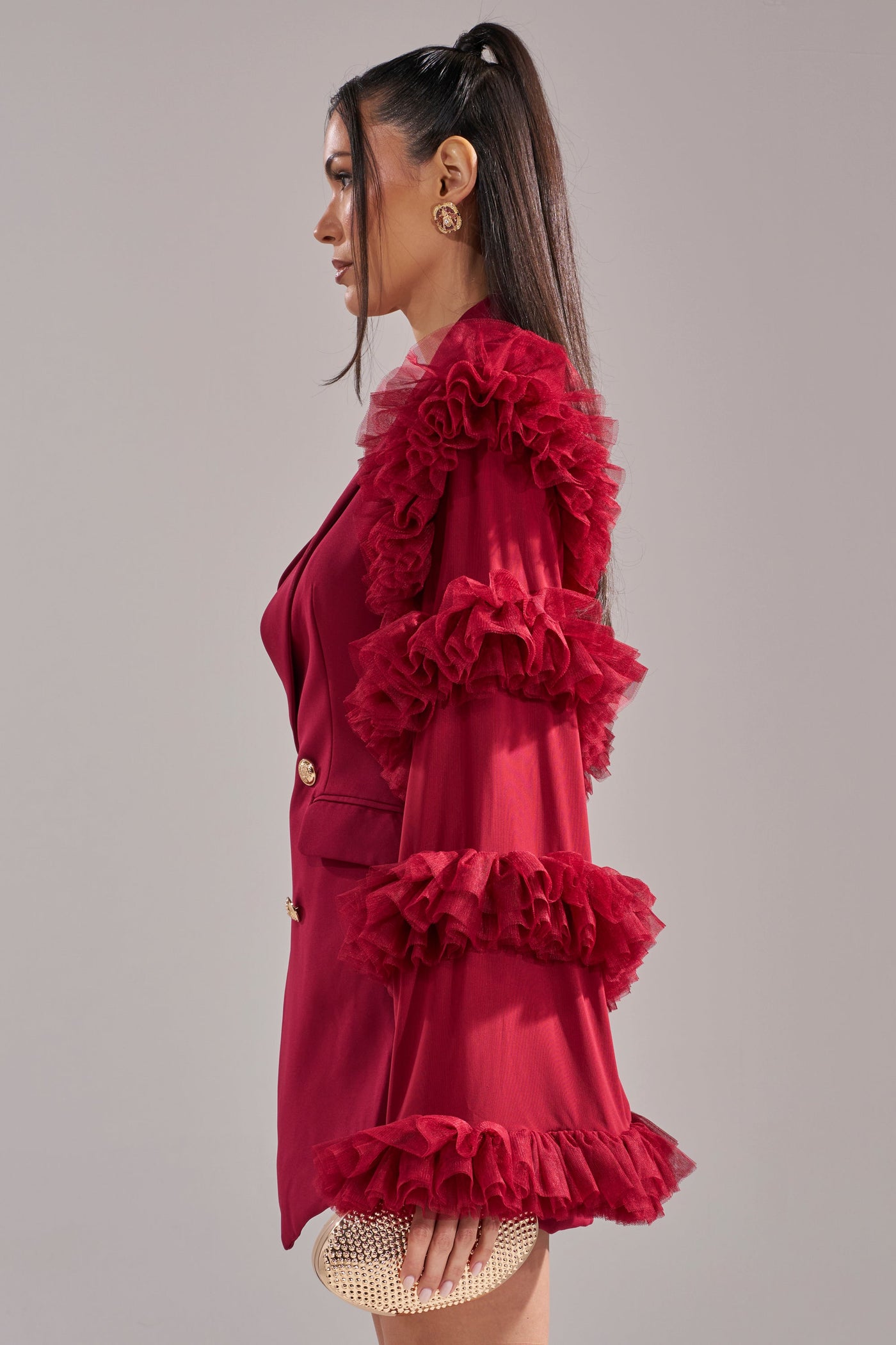 LIVING OVER THE TOP RUFFLE SLEEVE BLAZER MINI DRESS IN BURGUNDY