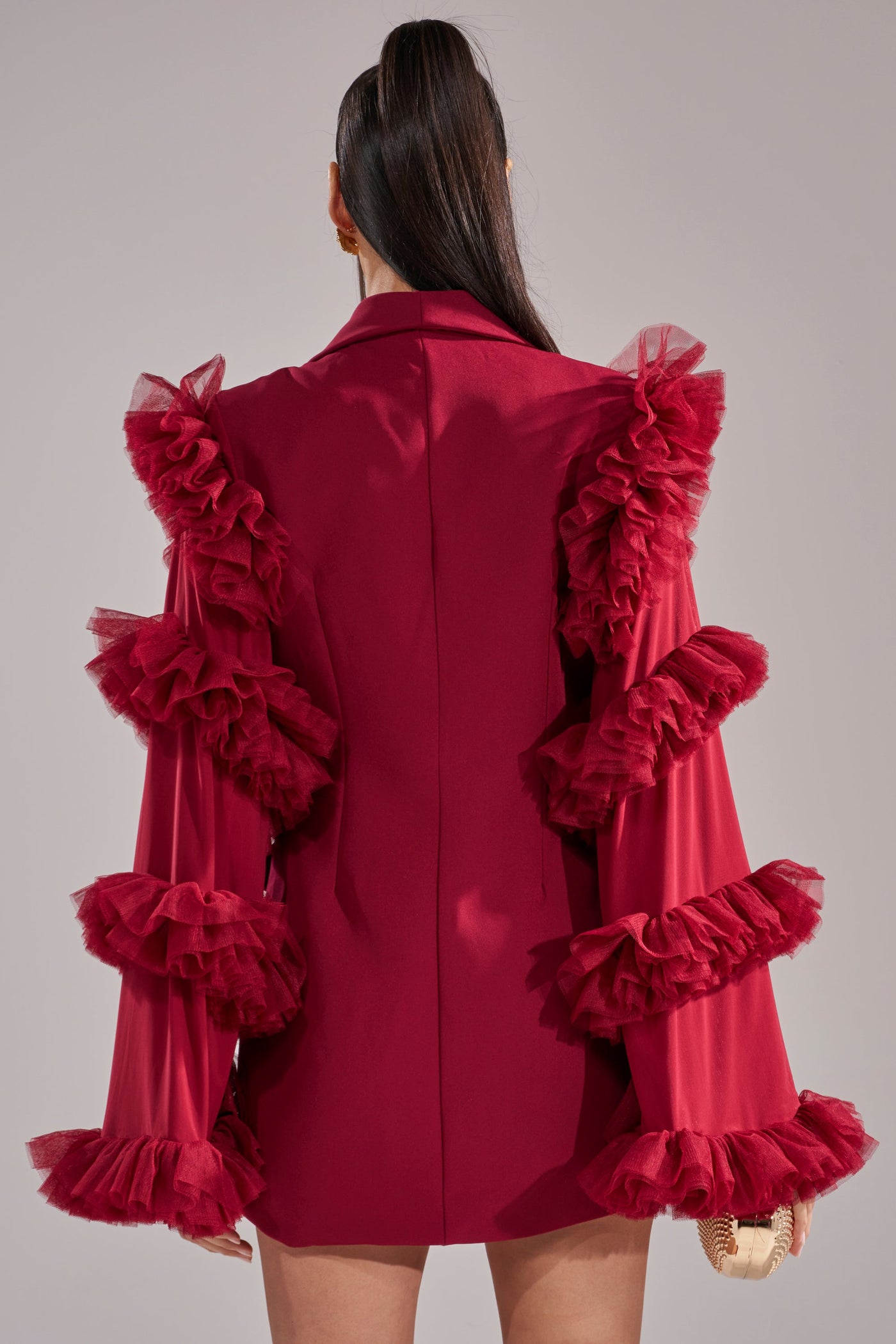 LIVING OVER THE TOP RUFFLE SLEEVE BLAZER MINI DRESS IN BURGUNDY