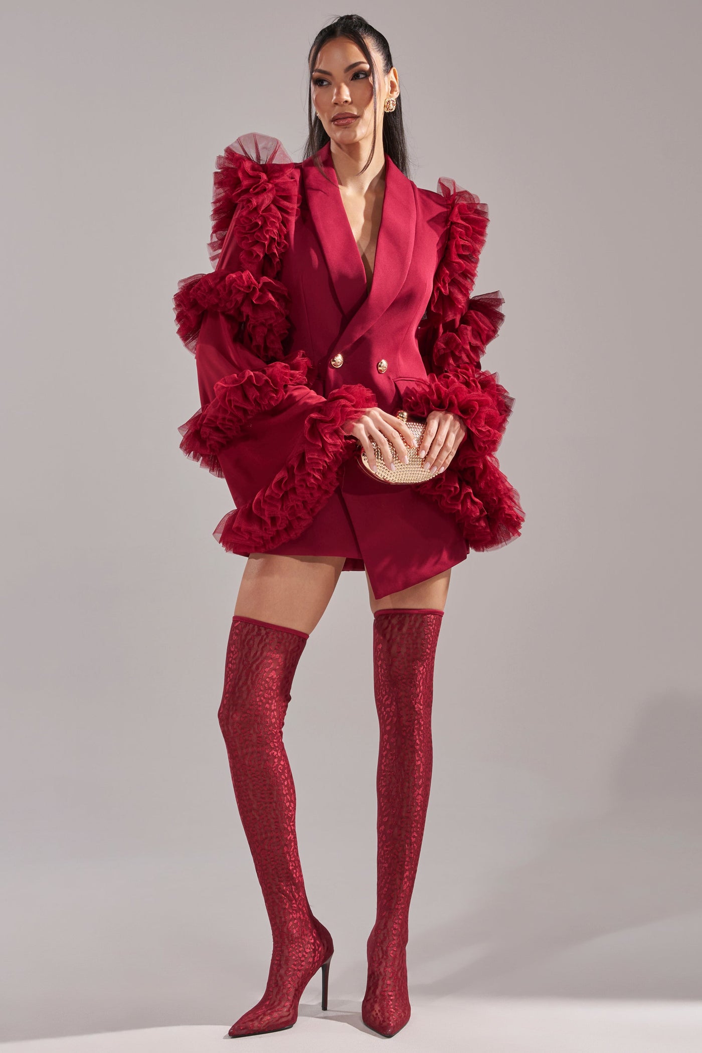 LIVING OVER THE TOP RUFFLE SLEEVE BLAZER MINI DRESS IN BURGUNDY